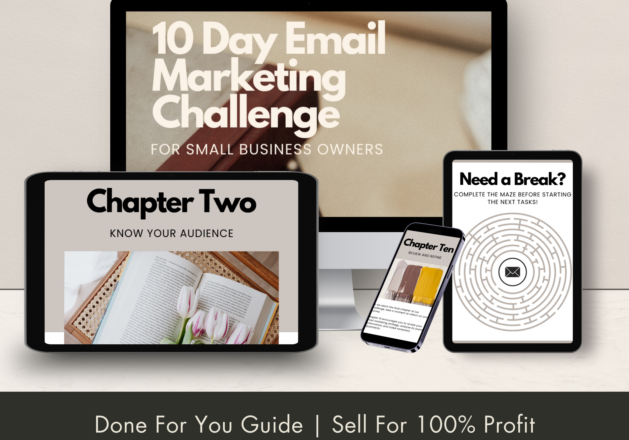 10 Day Email Marketing Challenge displayed on various devices including tablet, smartphone, and laptop