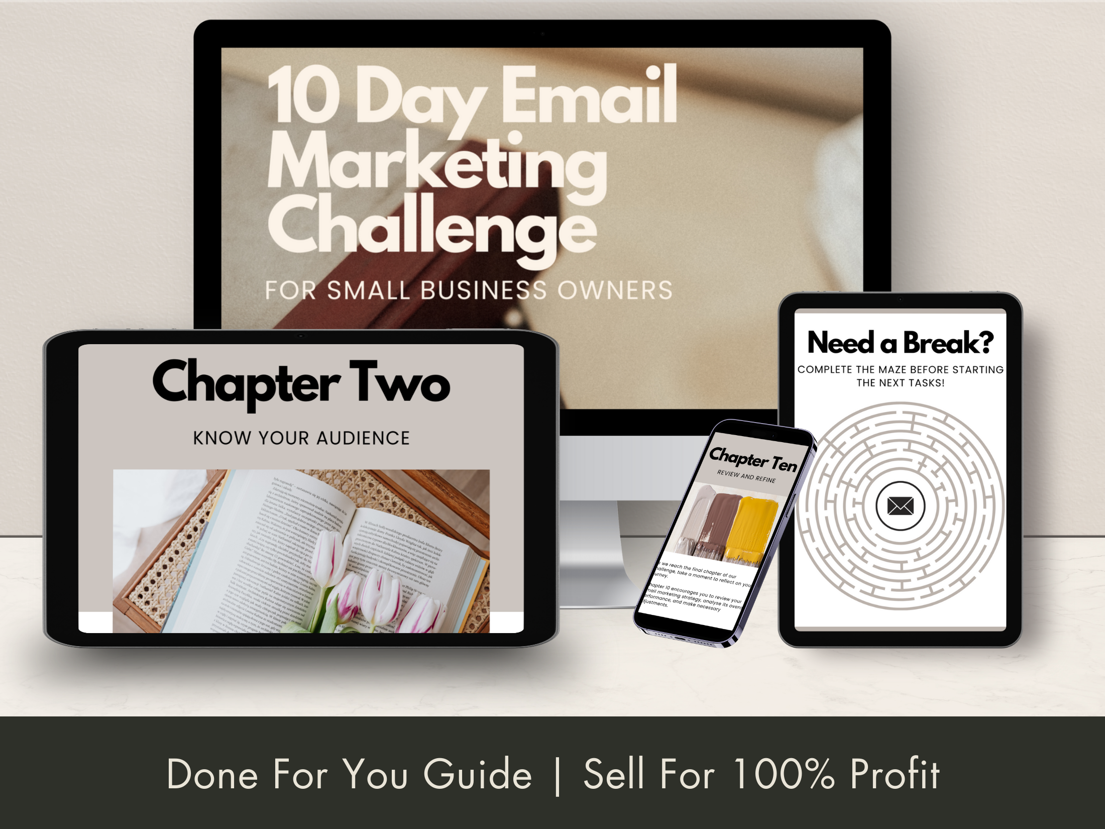 10 Day Email Marketing Challenge displayed on various devices including tablet, smartphone, and laptop