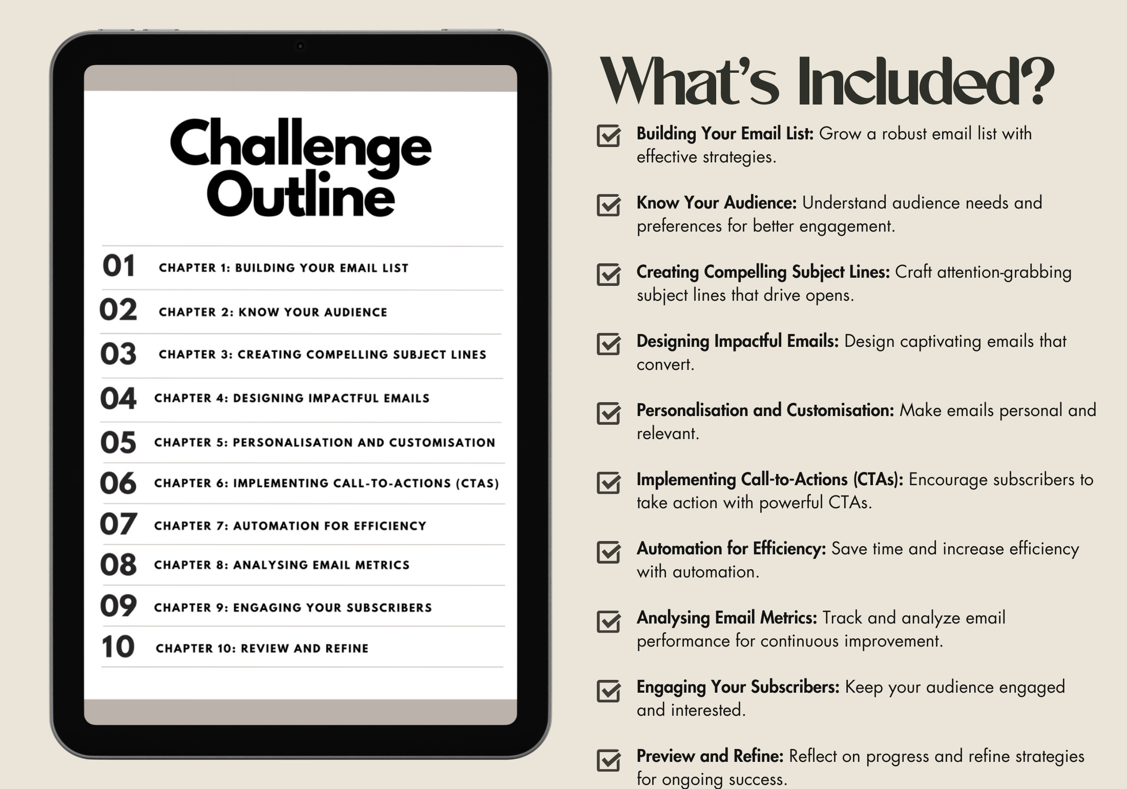 Challenge outline for the 10 Day Email Marketing Challenge, listing all the chapters and key takeaways.