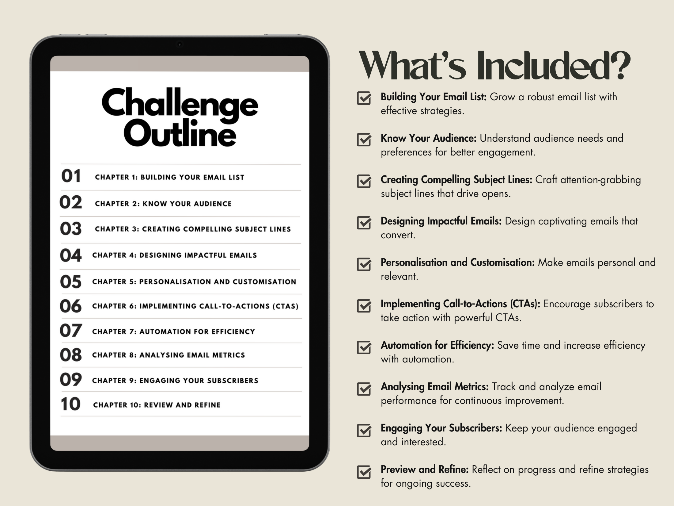 Challenge outline for the 10 Day Email Marketing Challenge, listing all the chapters and key takeaways.