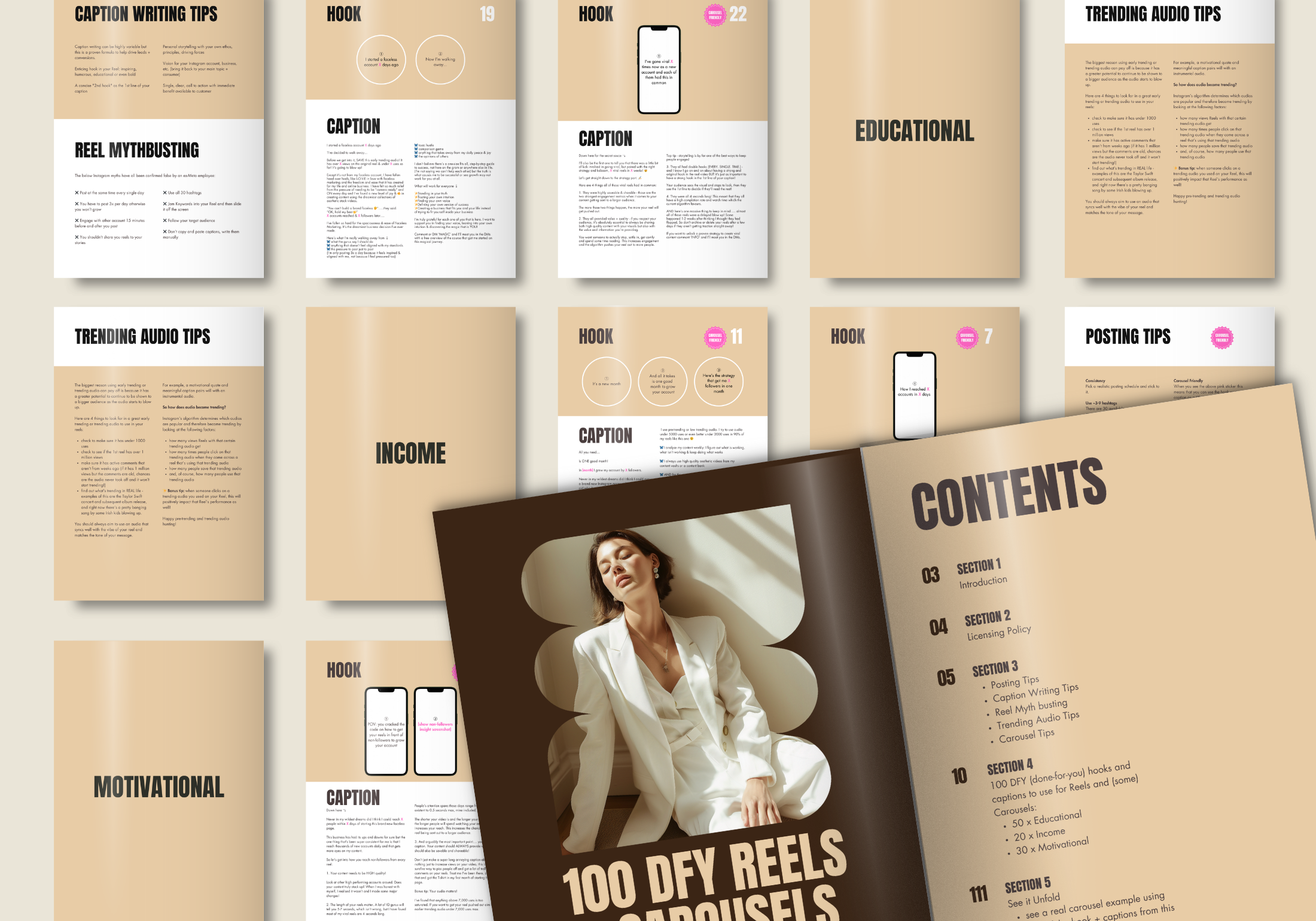 Sample pages from the 100 DFY Reels and Carousels guide, featuring educational, income, and motivational content sections.