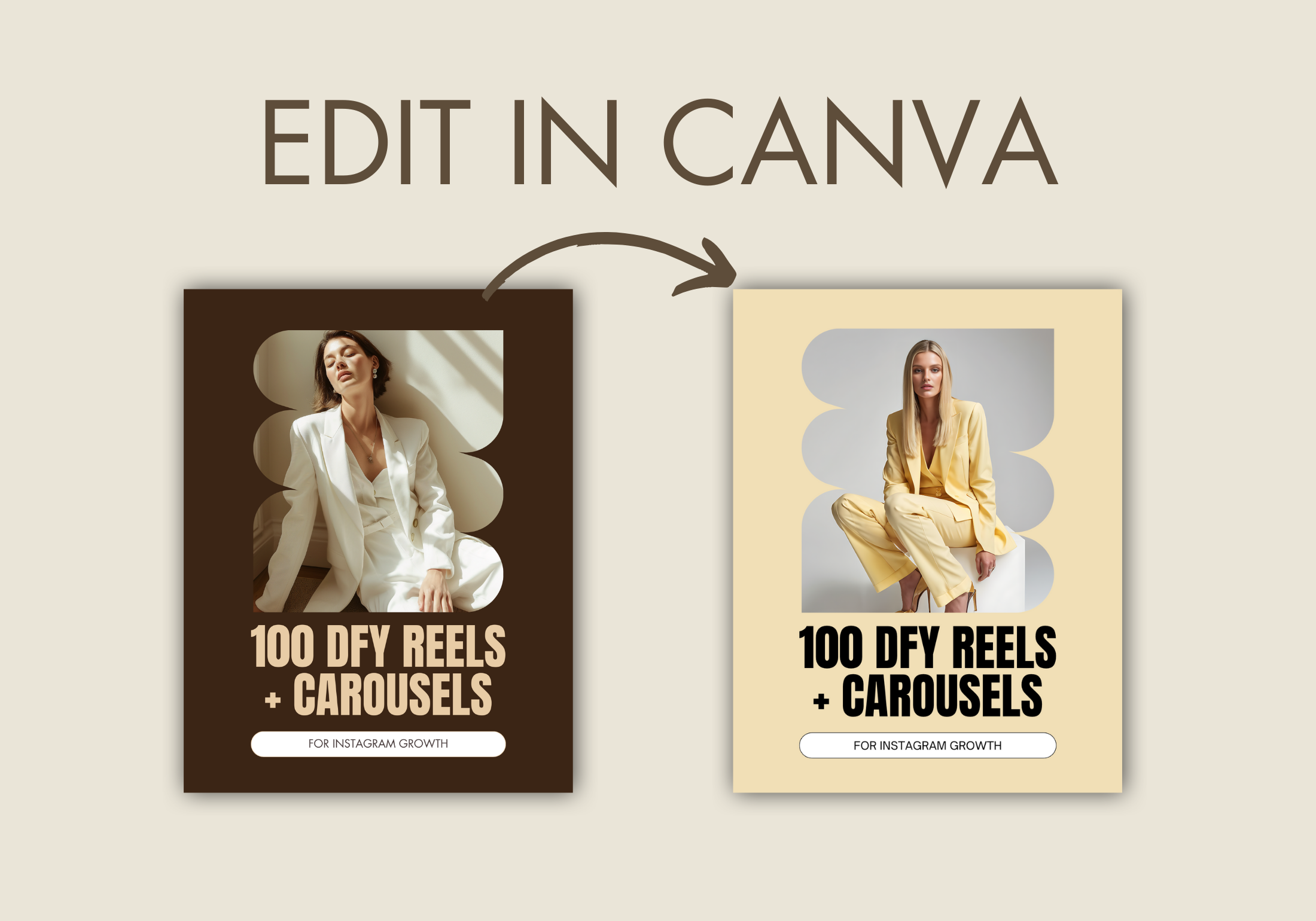 Visual display showing customization options for the 100 DFY Reels and Carousels in Canva, with alternate color schemes.