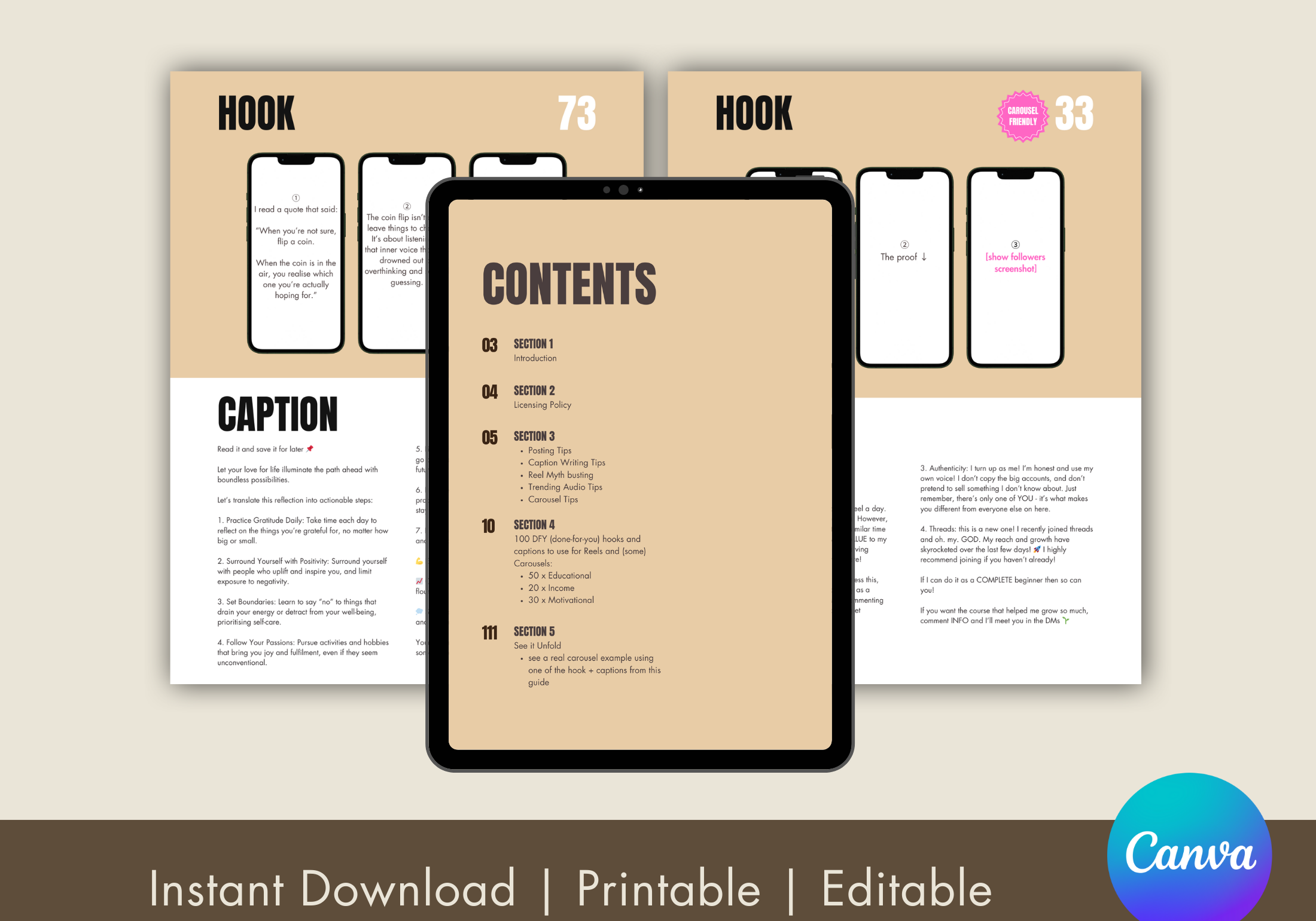 Visual display showing Table of Content for the 100 DFY Reels and Carousels in Canva.