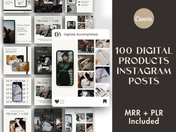 Cover image for the 100 Digital Products Instagram Posts showing a variety of Instagram post templates in a grid format.