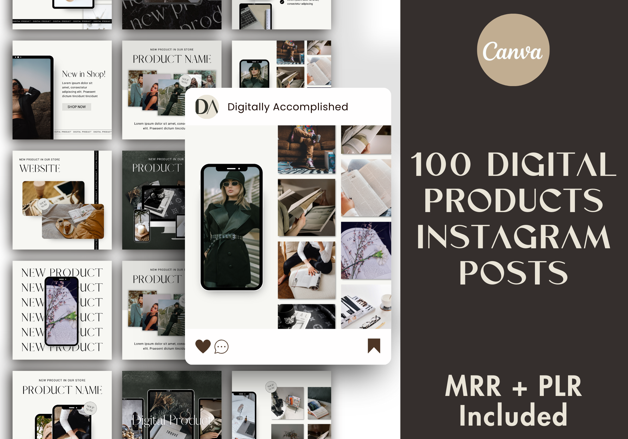 Cover image for the 100 Digital Products Instagram Posts showing a variety of Instagram post templates in a grid format.