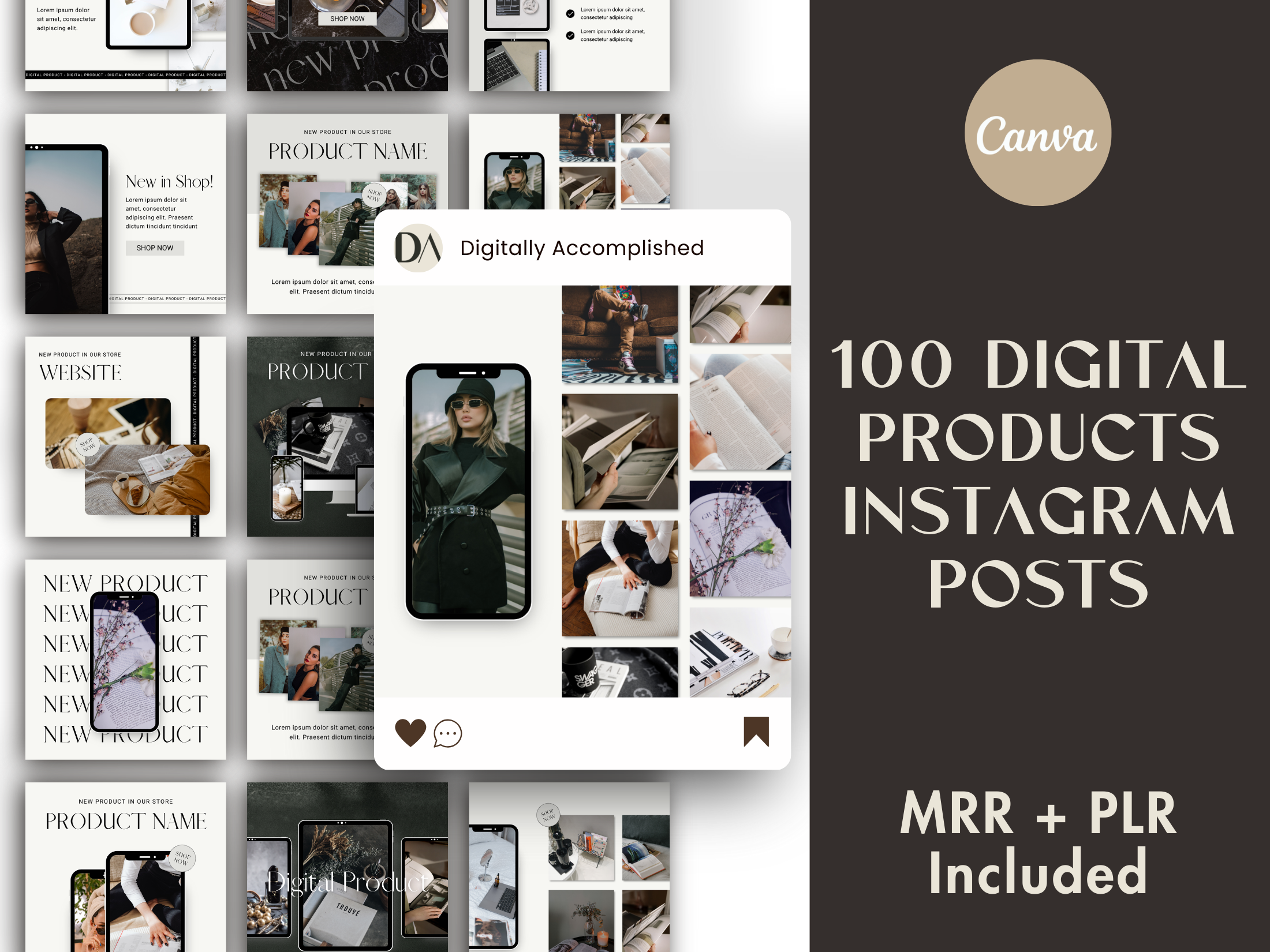 Cover image for the 100 Digital Products Instagram Posts showing a variety of Instagram post templates in a grid format.