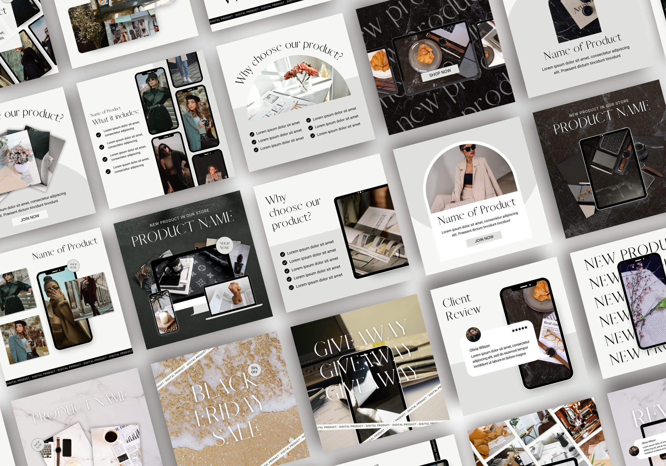 Preview of various Instagram post templates from the 100 Digital Products collection, showcasing product features and design aesthetics.