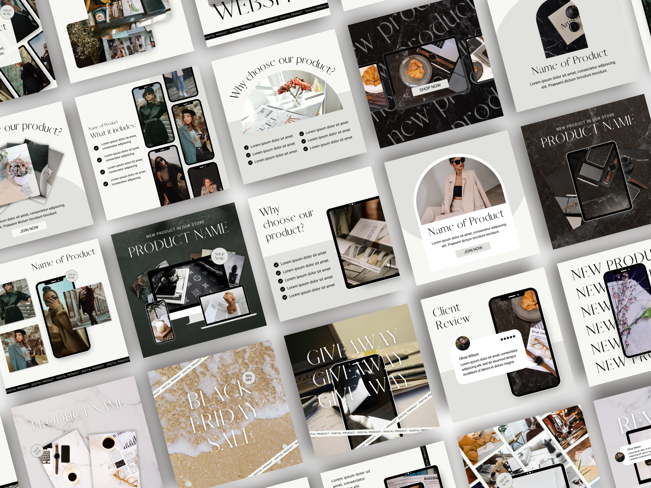 Preview of various Instagram post templates from the 100 Digital Products collection, showcasing product features and design aesthetics.