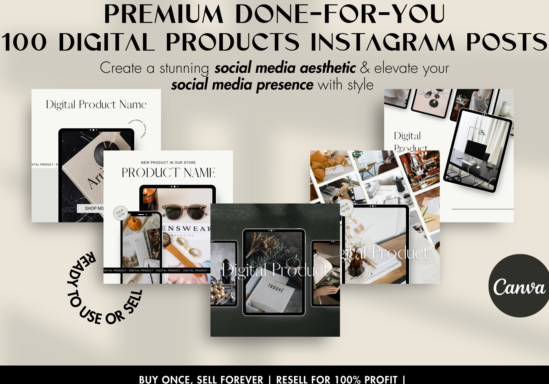 Promotional image for the 100 Digital Products Instagram Posts, featuring selected templates and highlighting the product’s PLR and MRR rights.