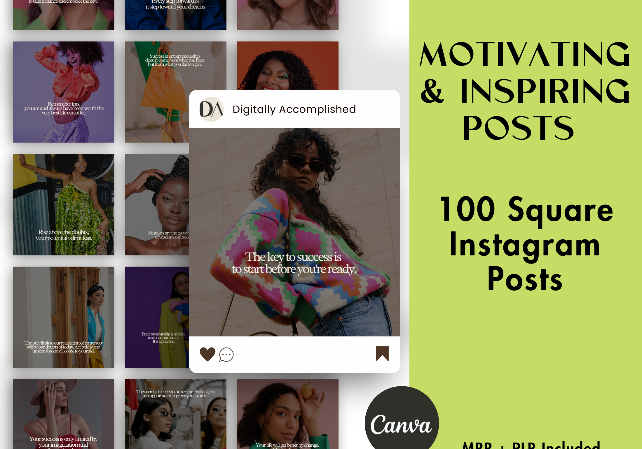 Cover image for the 100 Motivating & Inspiring Posts, showing various Instagram post designs with inspirational quotes.