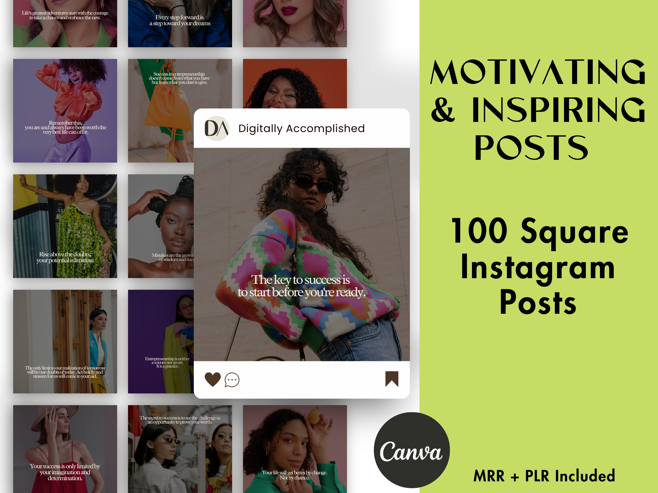 Cover image for the 100 Motivating &amp; Inspiring Posts, showing various Instagram post designs with inspirational quotes.