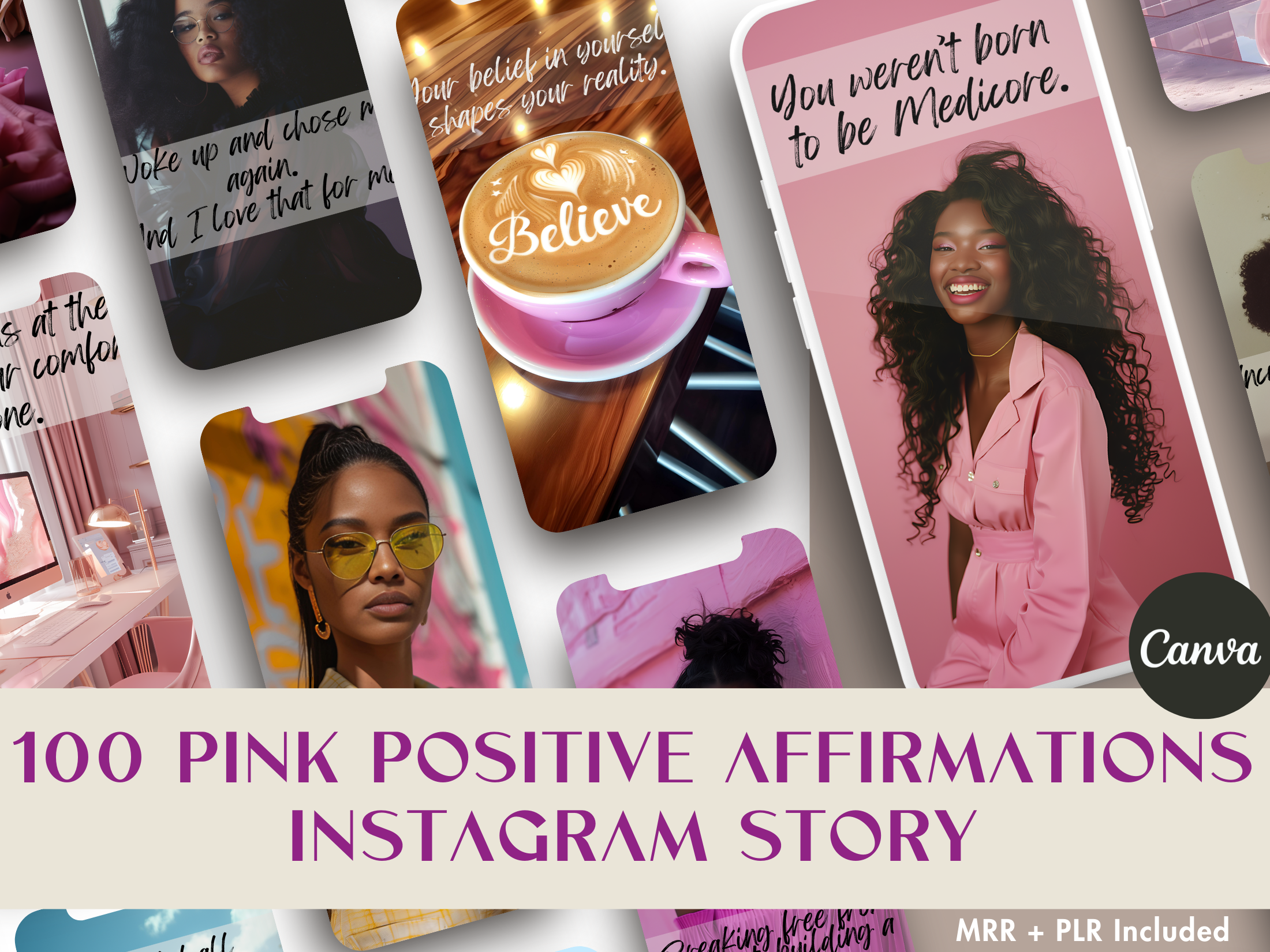 Cover image for the 100 Pink Positive Affirmations Instagram Story showing various story templates with empowering messages.