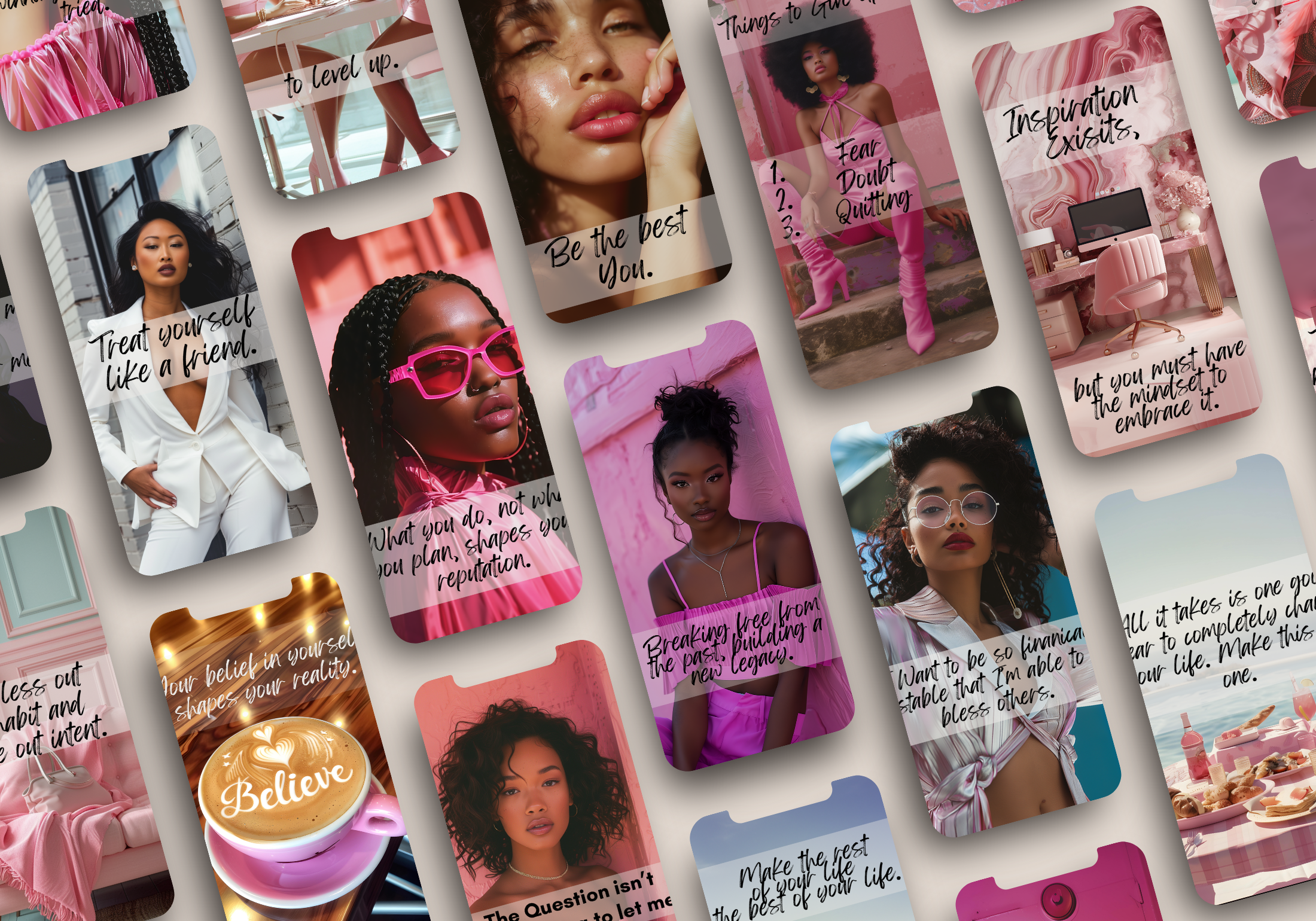 Preview of several Instagram story templates from the 100 Pink Positive Affirmations collection, showcasing motivational quotes in pink-themed designs.
