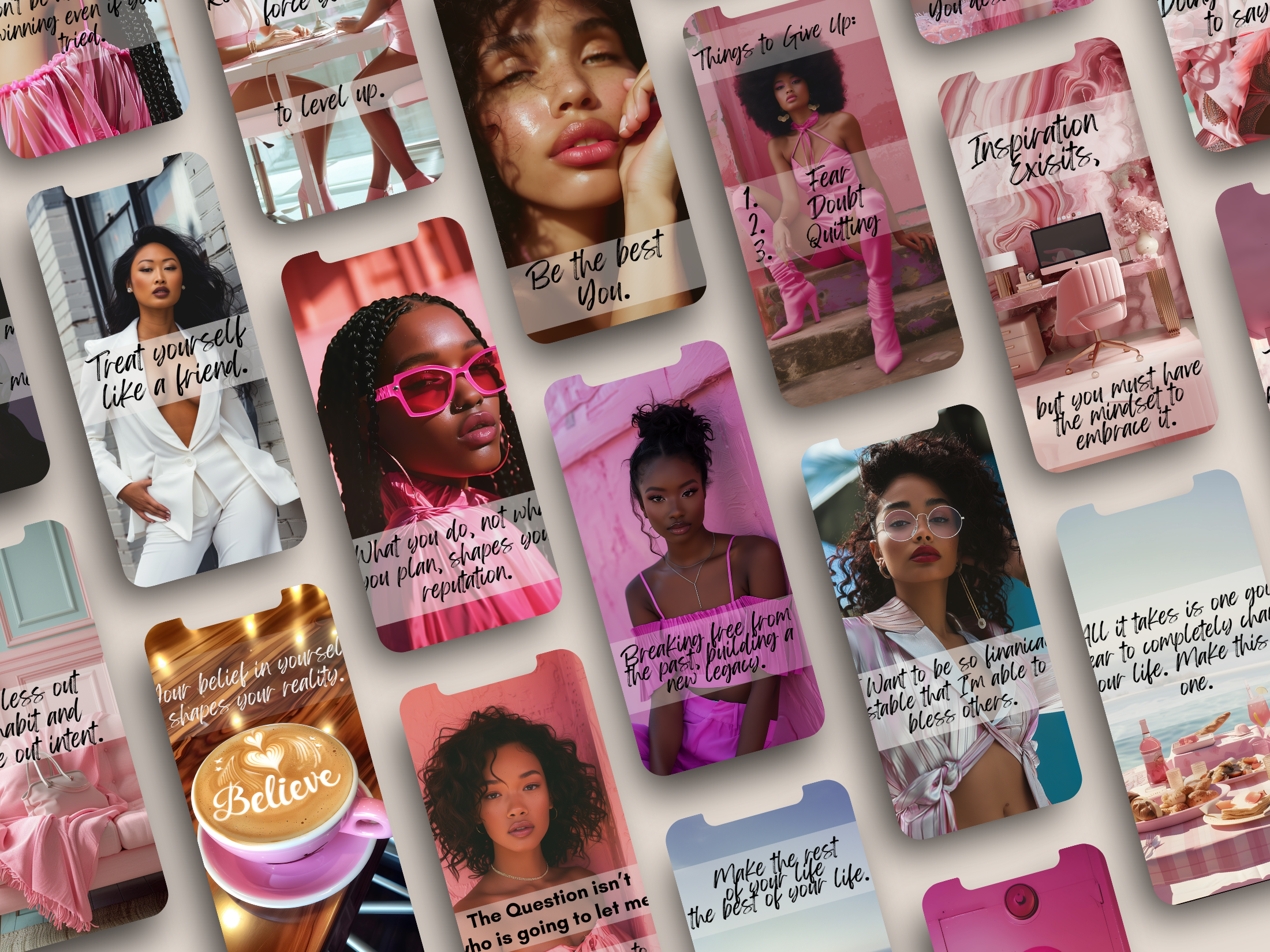 Preview of several Instagram story templates from the 100 Pink Positive Affirmations collection, showcasing motivational quotes in pink-themed designs.