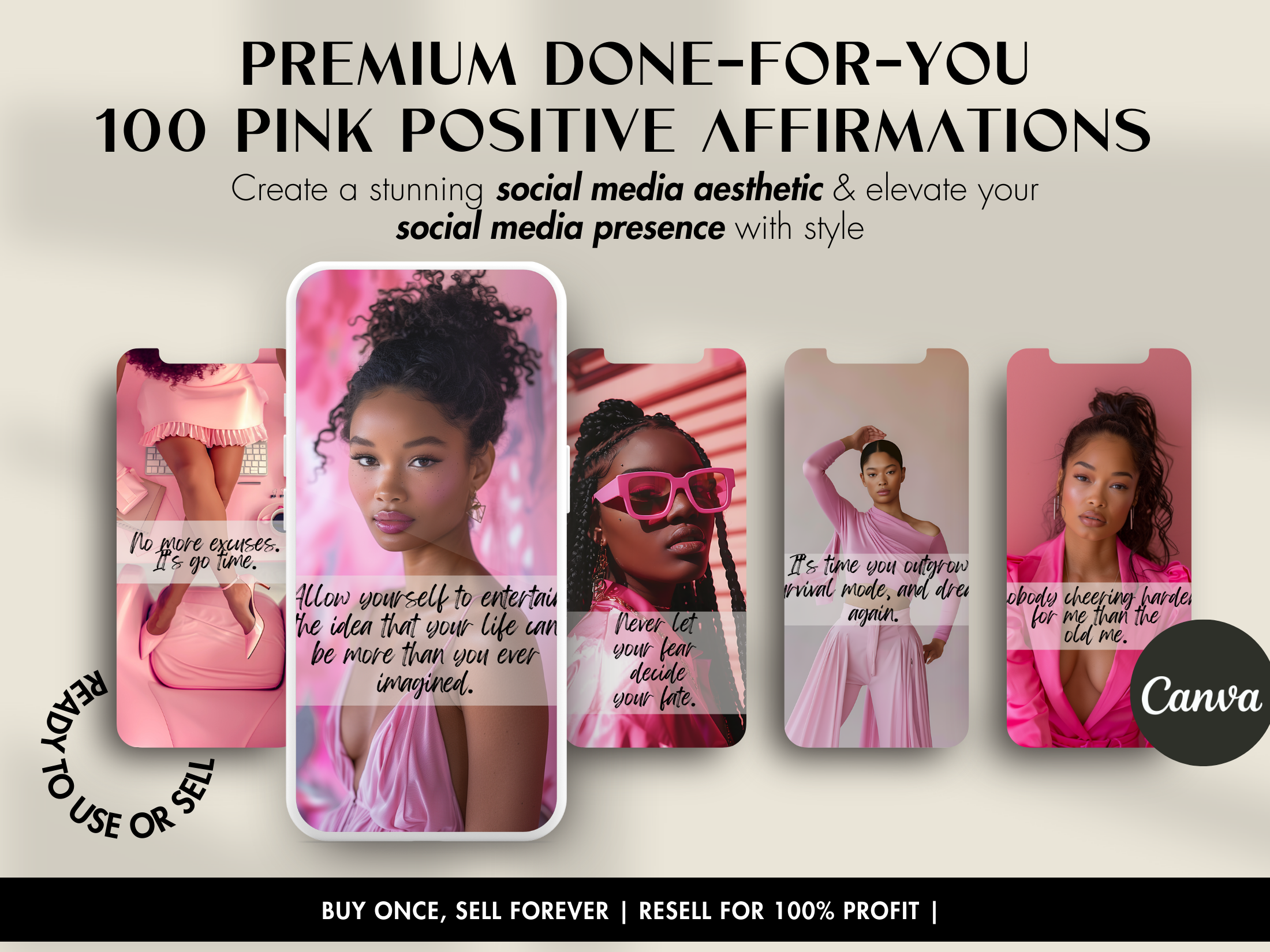 Promotional image for the 100 Pink Positive Affirmations Instagram Story, featuring selected story templates designed to elevate social media presence.