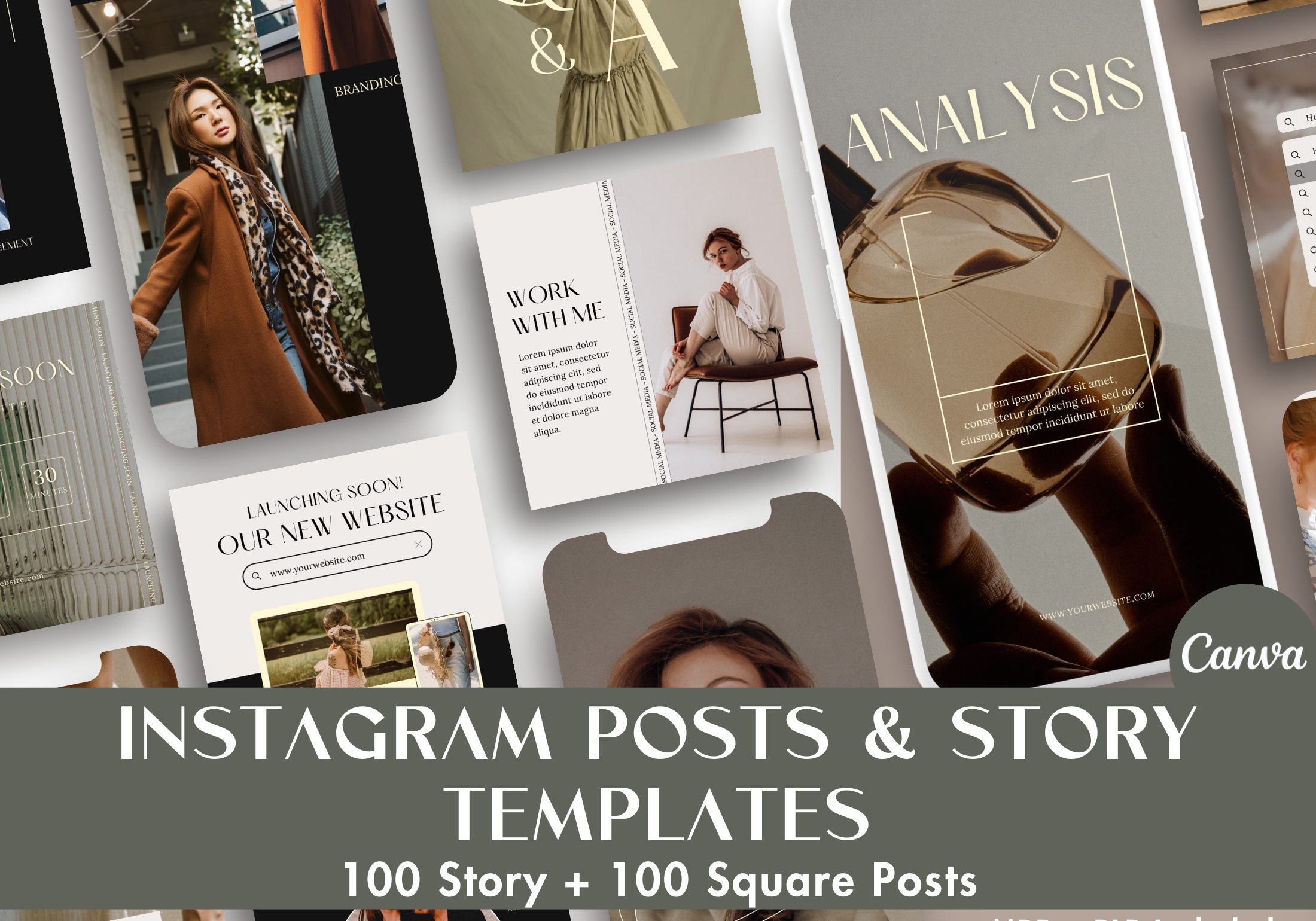  Cover image showcasing Instagram story and post templates, featuring elegant designs with neutral tones and minimalist aesthetics.