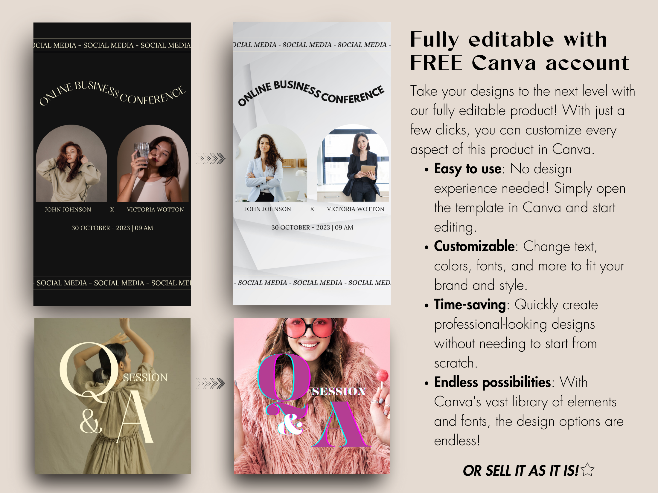 Editable Instagram story and post templates, highlighting ease of use with Canva, customizable elements, and professional design options.