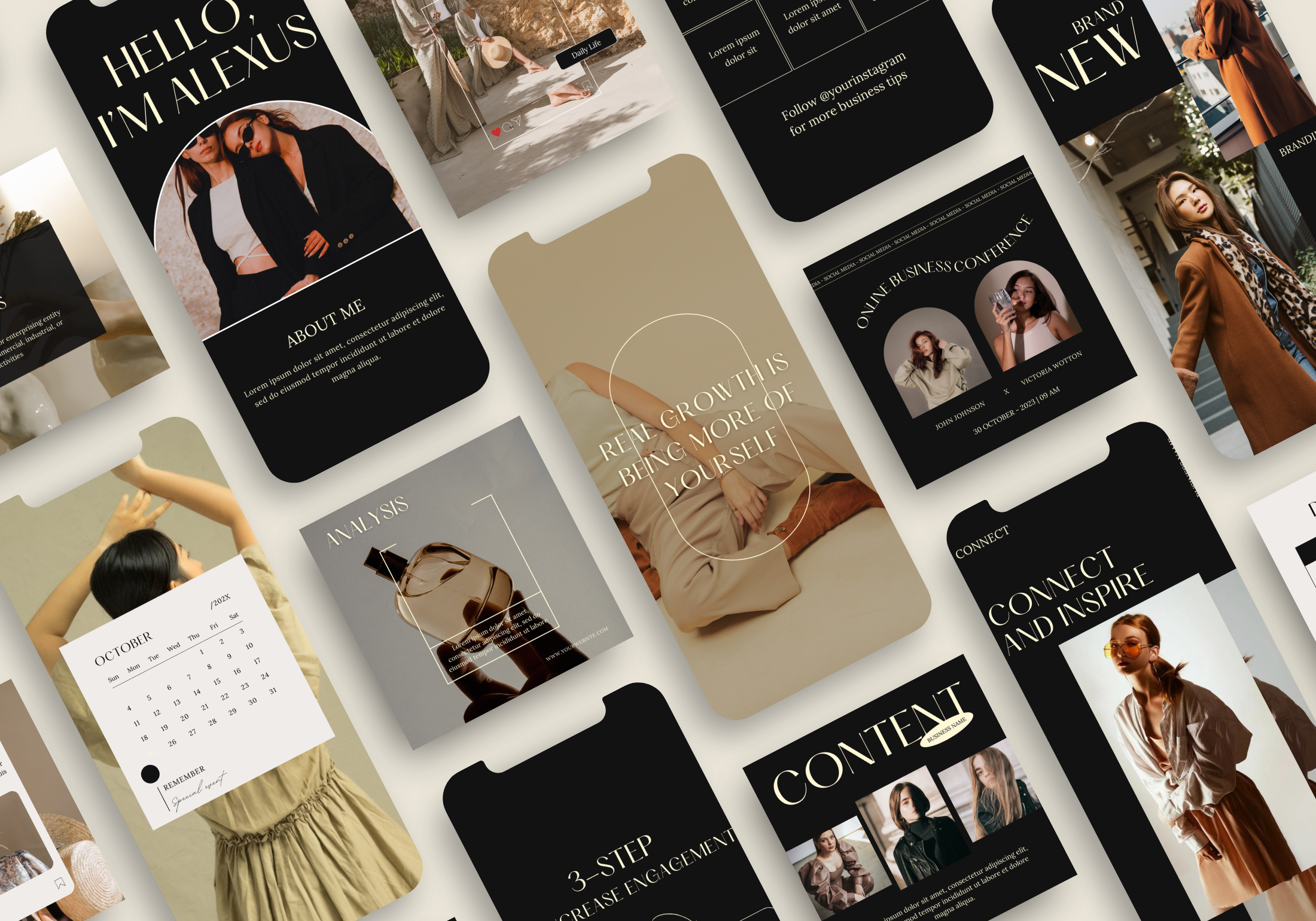  Overview layout of Instagram story and post templates, displaying various template designs for different content types.