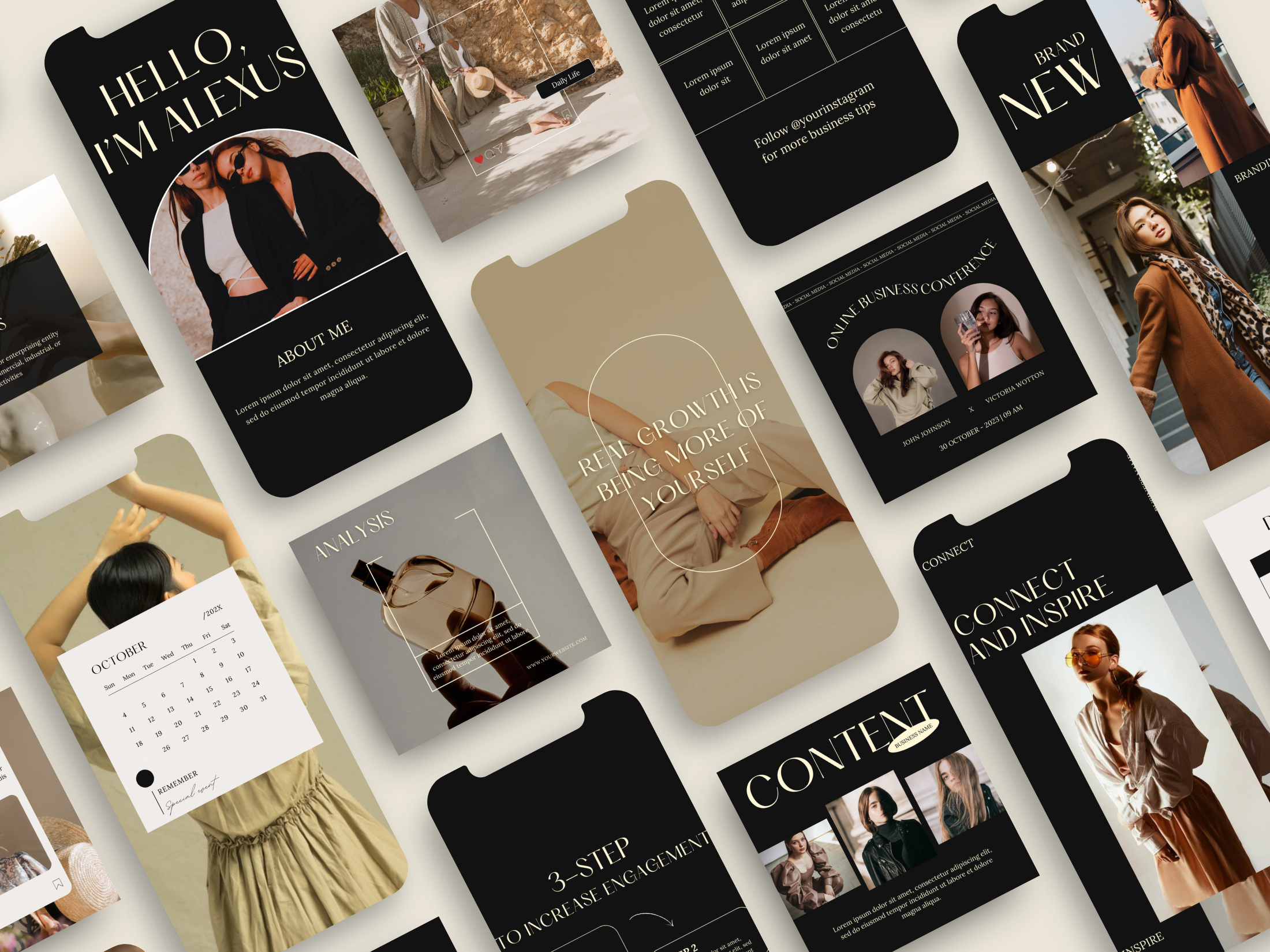  Overview layout of Instagram story and post templates, displaying various template designs for different content types.