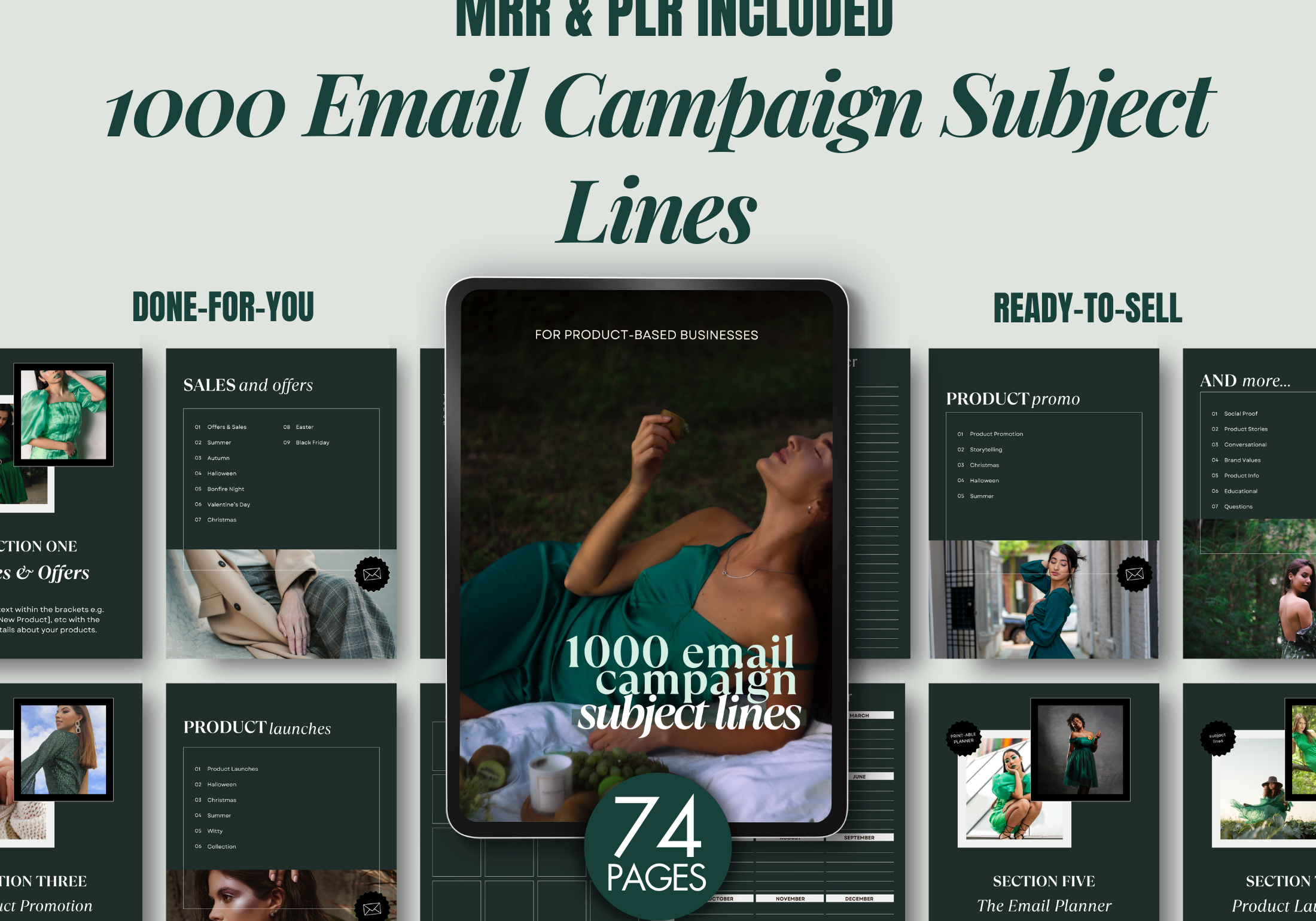 Cover image for the 1000 Email Campaign Subject Lines, showcasing a collection of subject line ideas for product-based businesses.