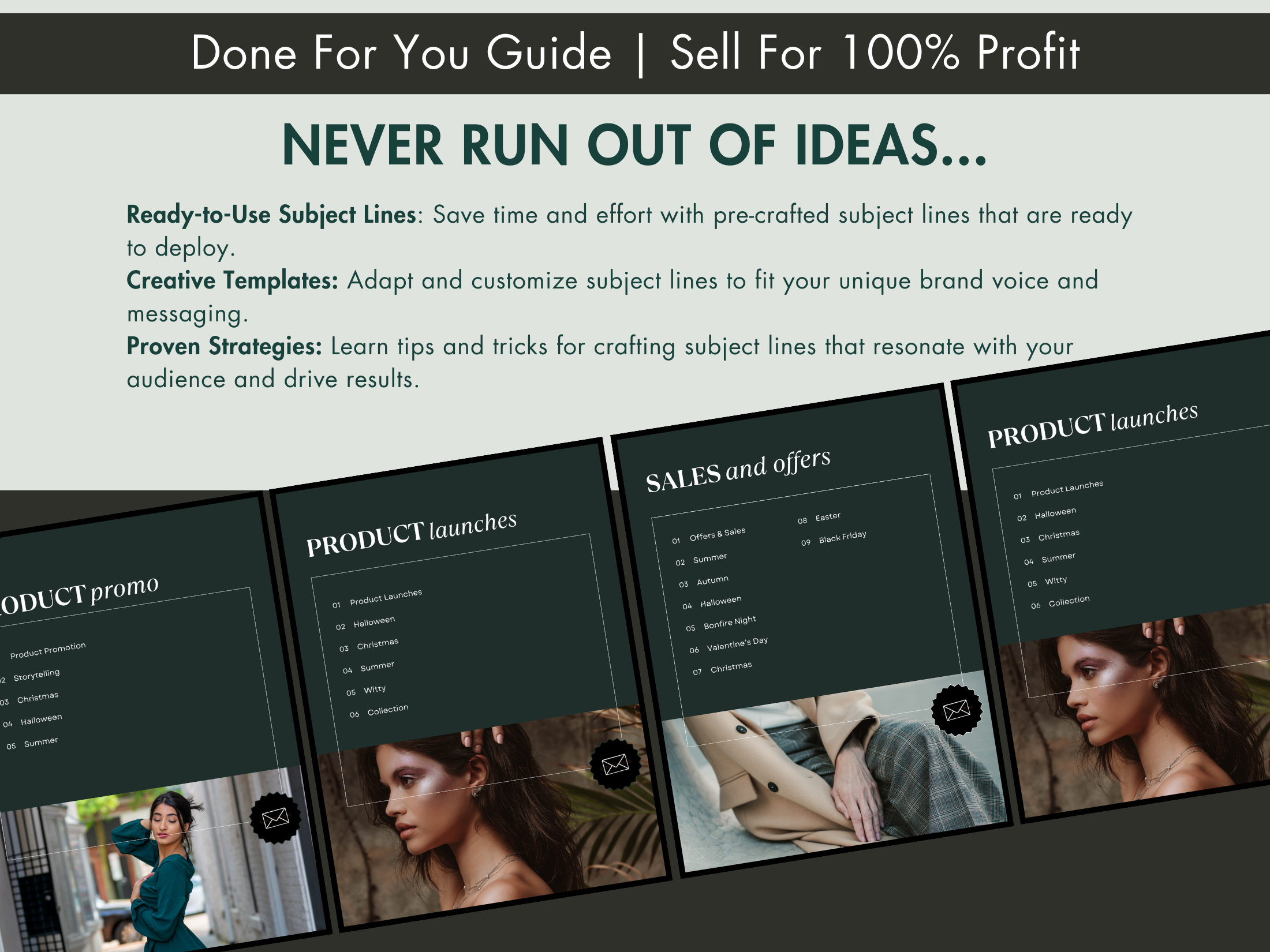 Promotional image emphasizing the benefits of the 1000 Email Campaign Subject Lines, including ready-to-use subject lines and creative templates.