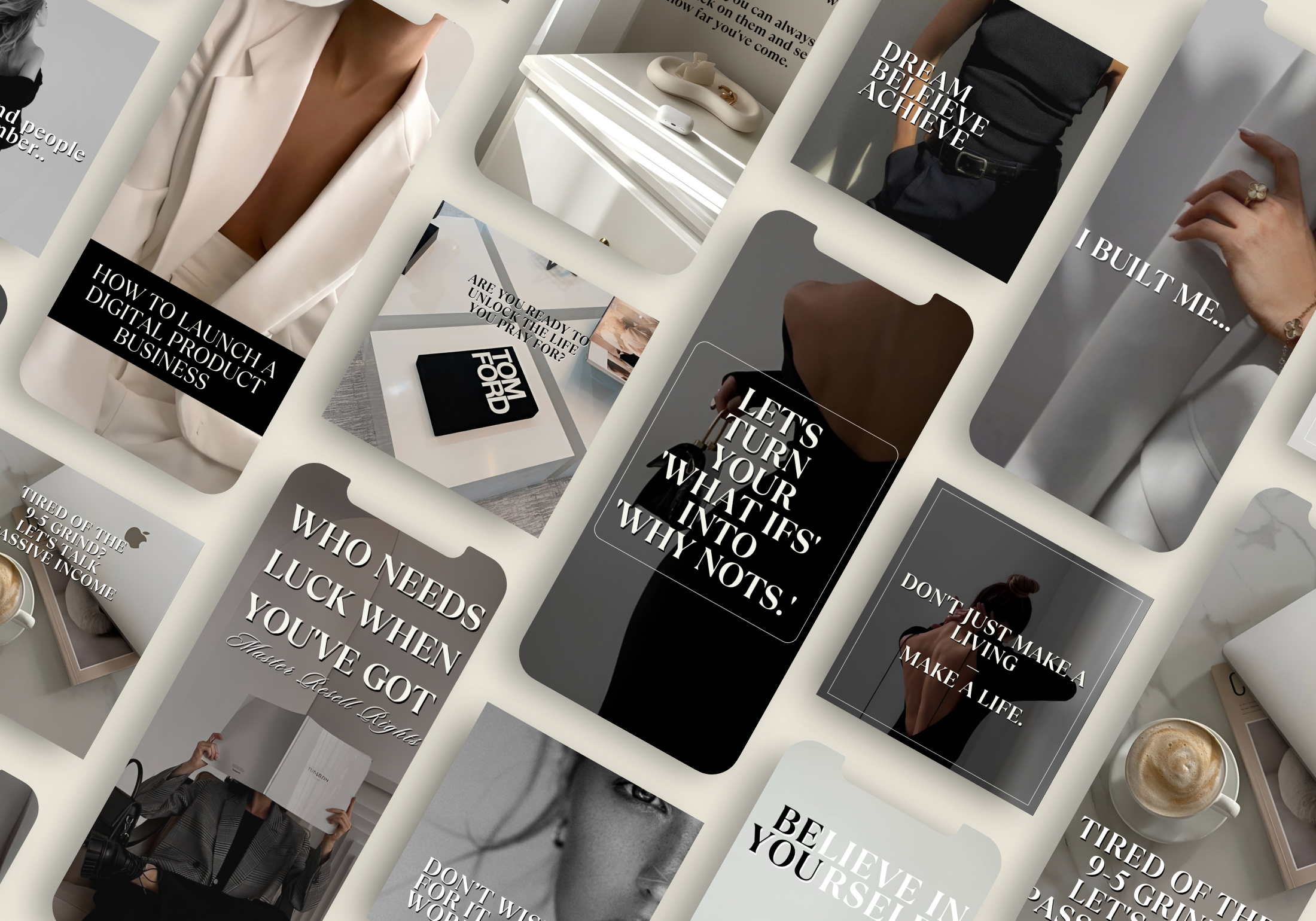 This image presents an organized collection of Instagram posts and stories designed to enhance social media presence with style and sophistication.