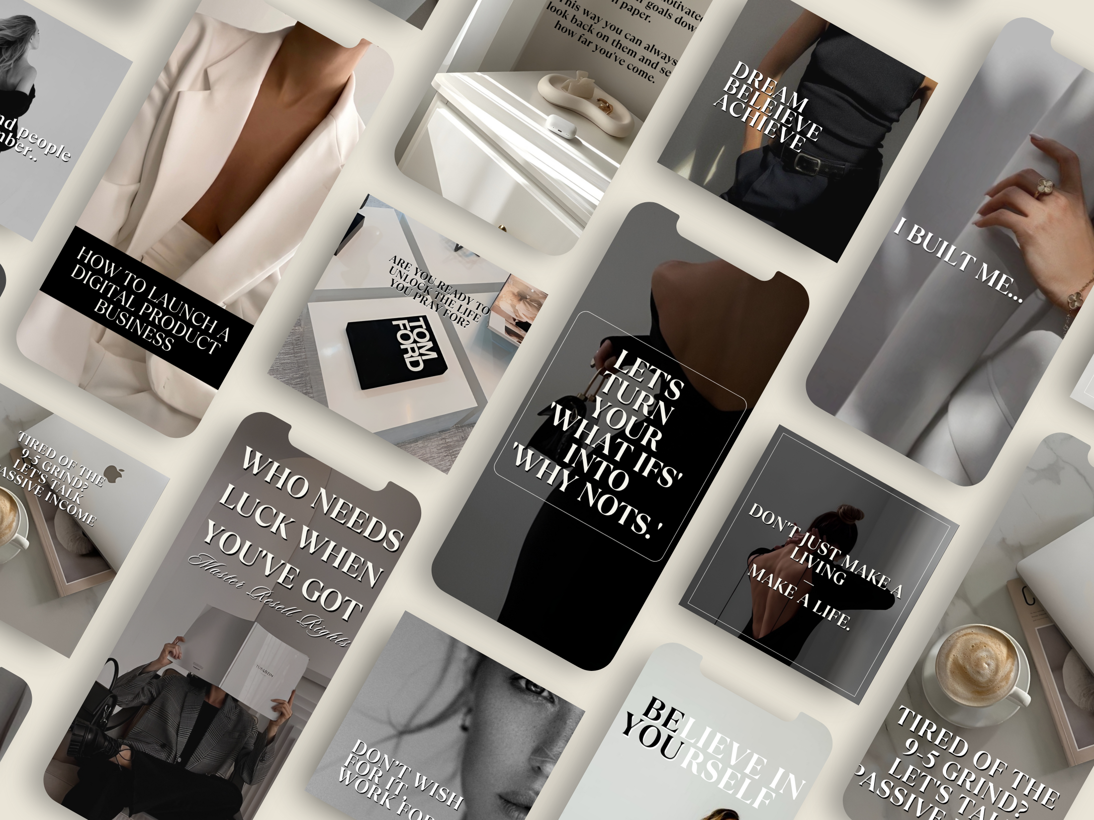This image presents an organized collection of Instagram posts and stories designed to enhance social media presence with style and sophistication.