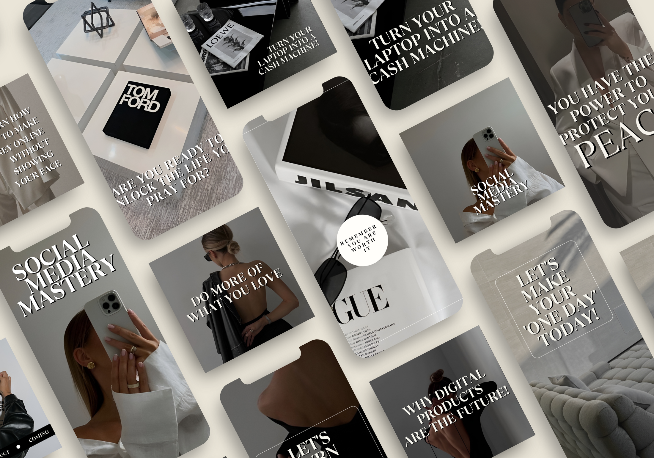 A preview of various Instagram posts and stories included in the Aesthetic Social Media Posts & Stories product, showcasing the sleek, modern aesthetic.