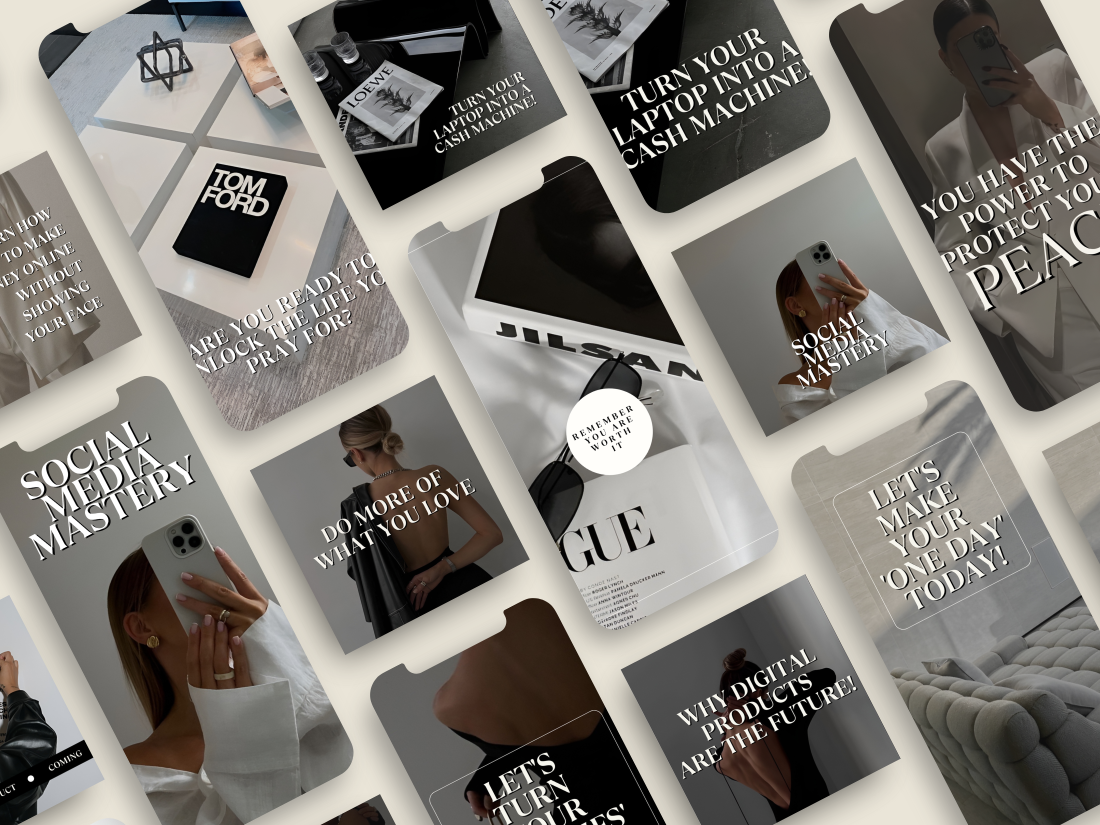 A preview of various Instagram posts and stories included in the Aesthetic Social Media Posts & Stories product, showcasing the sleek, modern aesthetic.