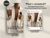 This image displays the "What's Included" section for the Aesthetic Social Media Posts & Stories product, highlighting the 50 Instagram square posts and 50 matching Instagram story templates.