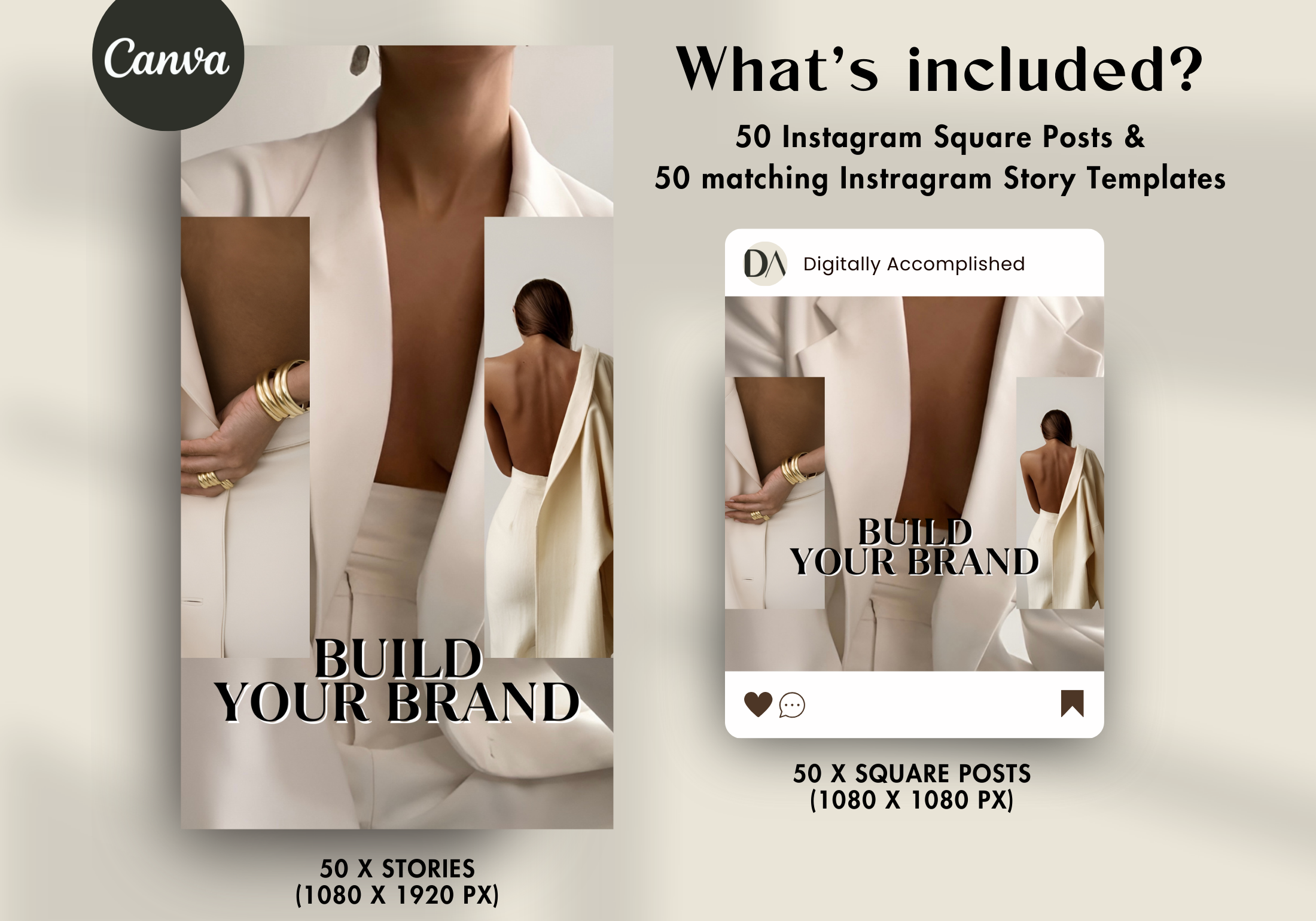 This image displays the "What's Included" section for the Aesthetic Social Media Posts & Stories product, highlighting the 50 Instagram square posts and 50 matching Instagram story templates.