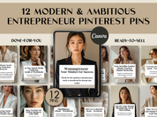 Cover image showcasing 12 modern and ambitious Pinterest pins designed for entrepreneurs, featuring clean and stylish layouts ready for resale.