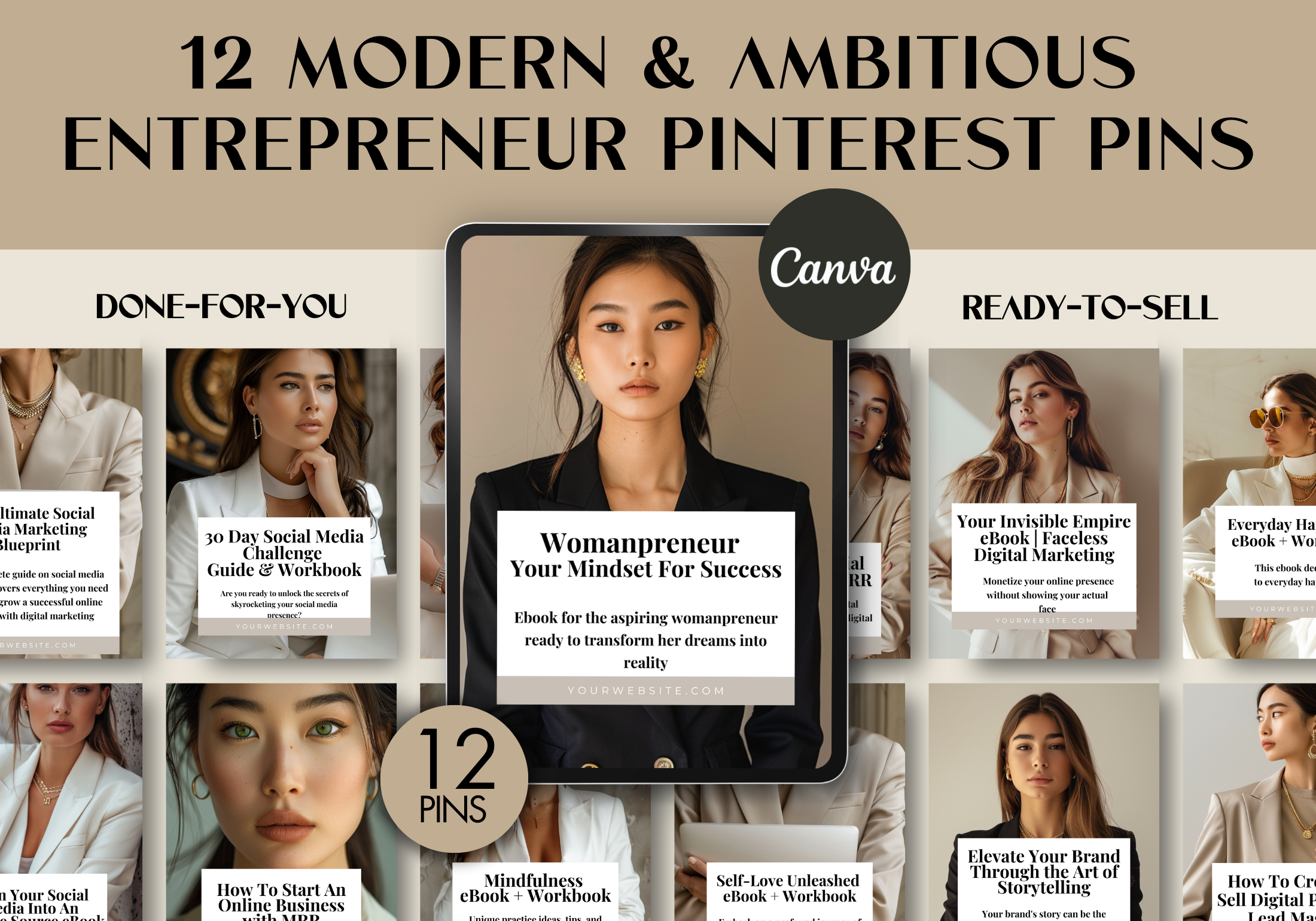 Cover image showcasing 12 modern and ambitious Pinterest pins designed for entrepreneurs, featuring clean and stylish layouts ready for resale.