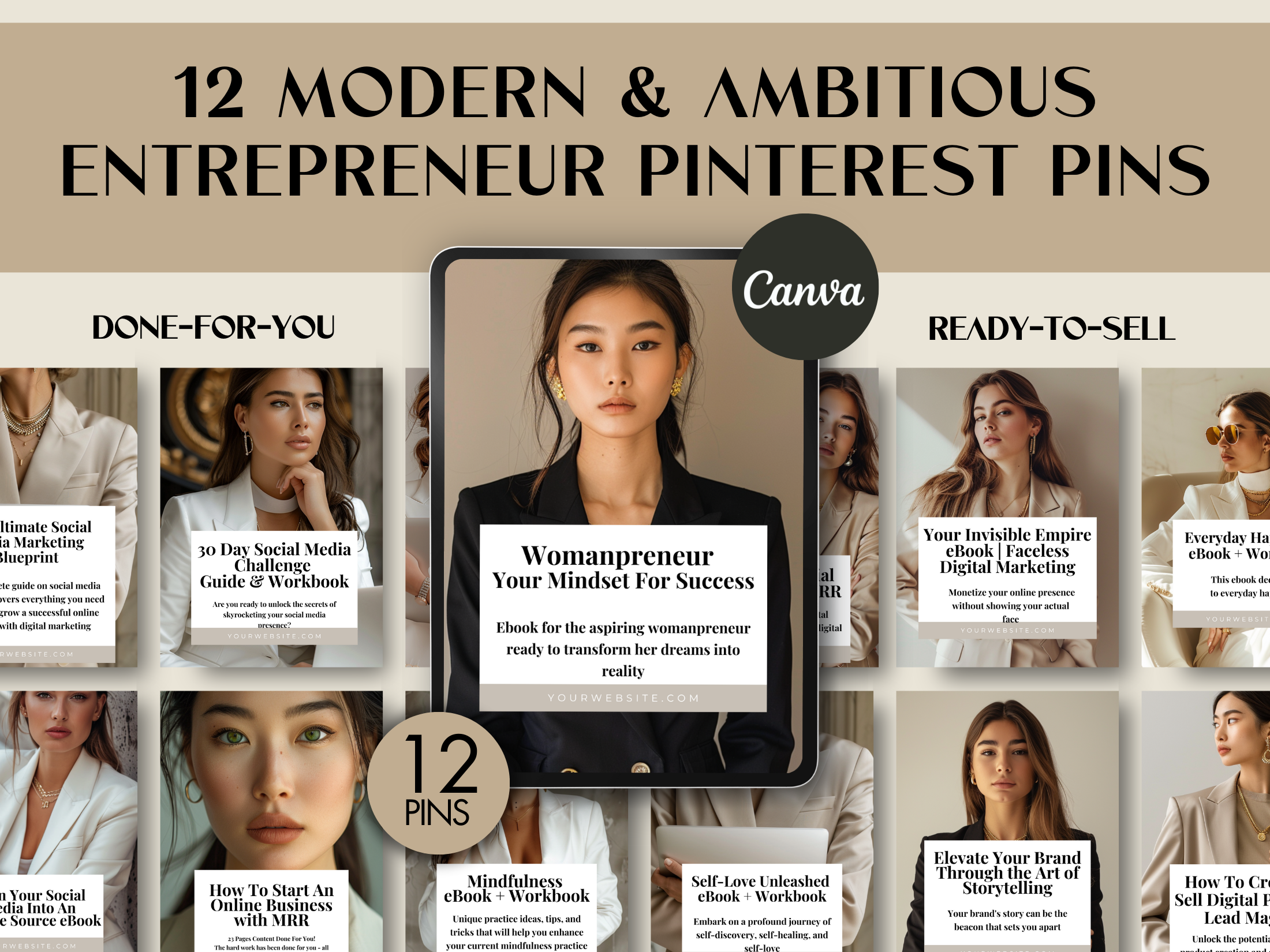 Cover image showcasing 12 modern and ambitious Pinterest pins designed for entrepreneurs, featuring clean and stylish layouts ready for resale.