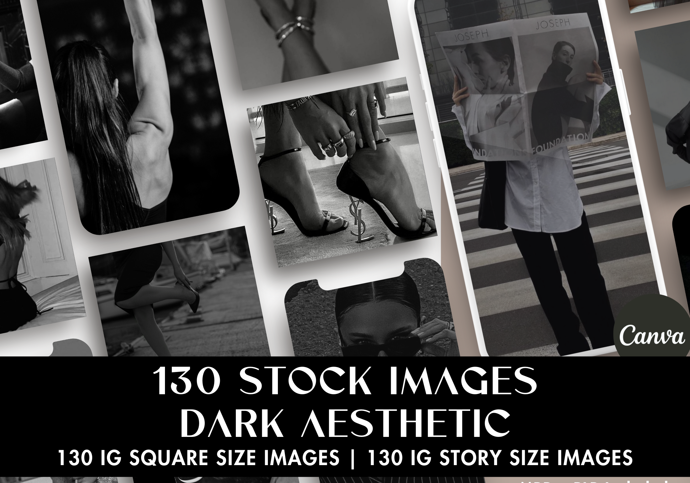 Cover image for the 130 Stock Images Dark Aesthetic, showcasing a collection of Instagram-ready images with a dark and stylish theme.