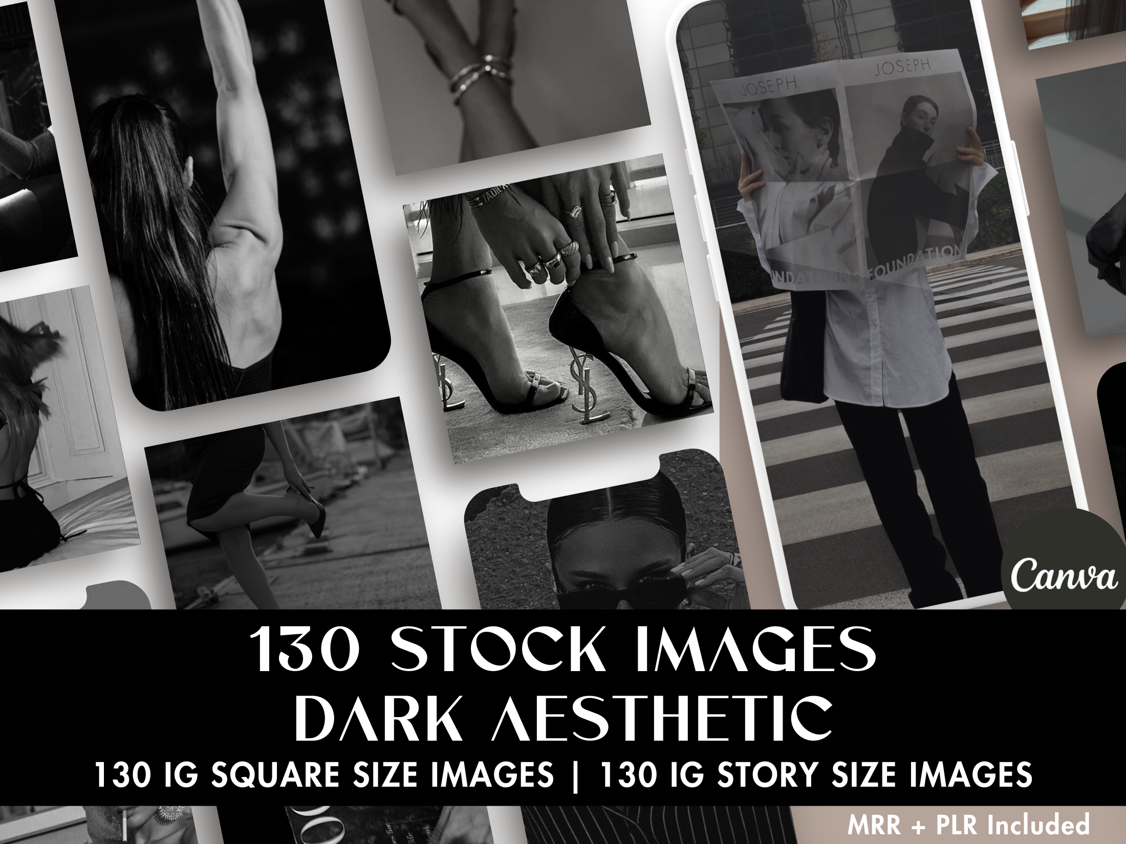 Cover image for the 130 Stock Images Dark Aesthetic, showcasing a collection of Instagram-ready images with a dark and stylish theme.