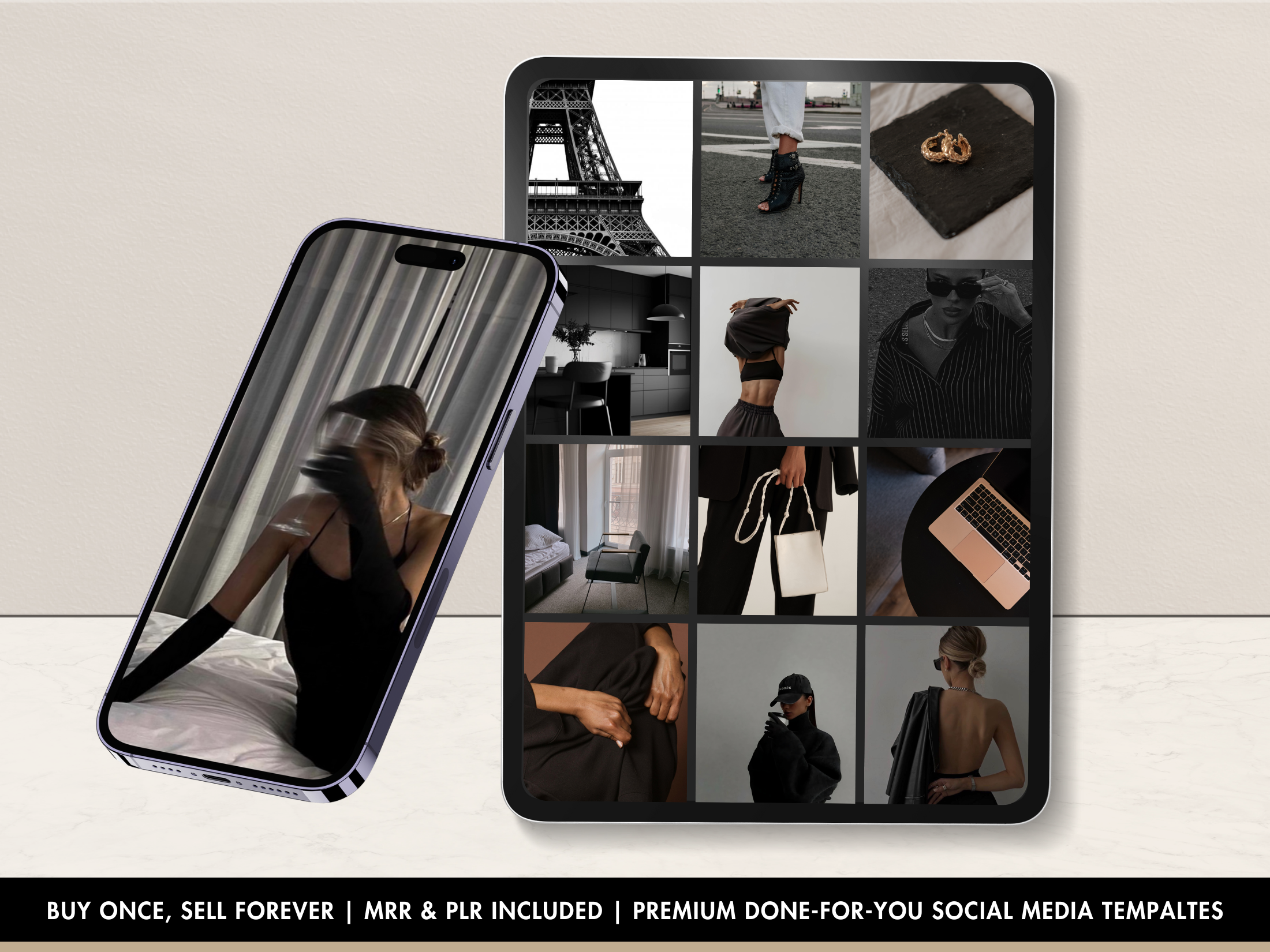 Mockup showing how the 130 Stock Images Dark Aesthetic look on mobile and tablet devices, highlighting their suitability for social media use.