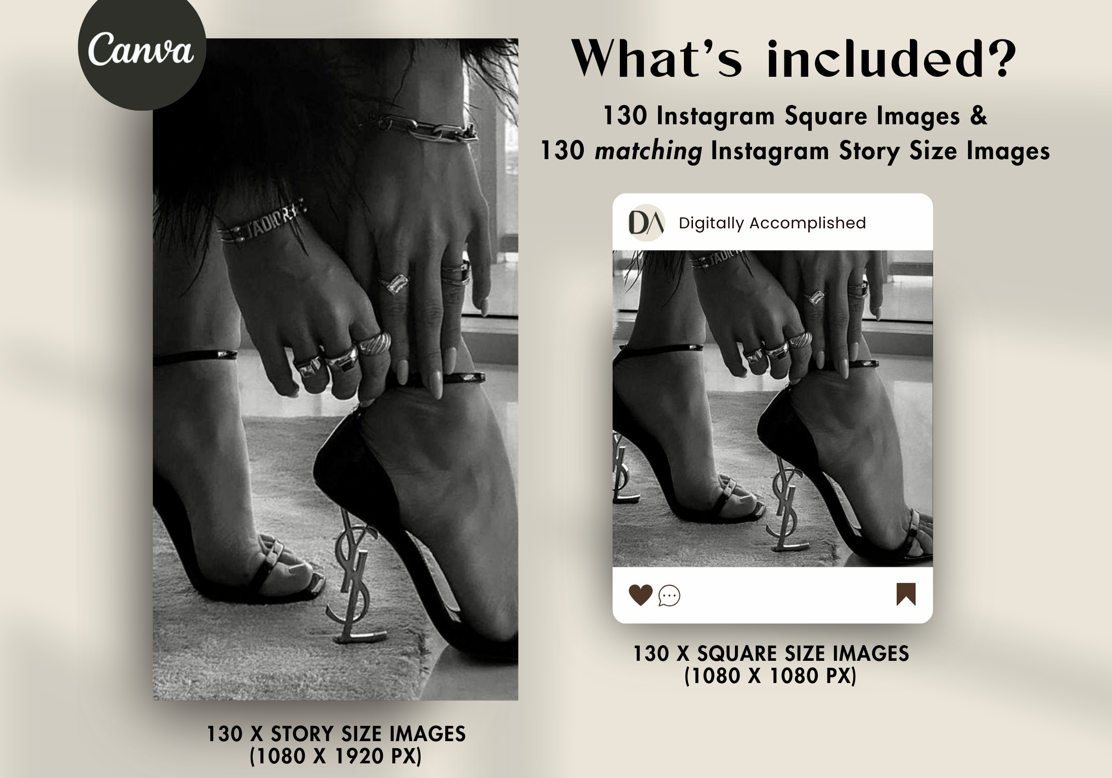 Preview image showing what's included in the 130 Stock Images Dark Aesthetic collection, highlighting both Instagram square and story-sized images.