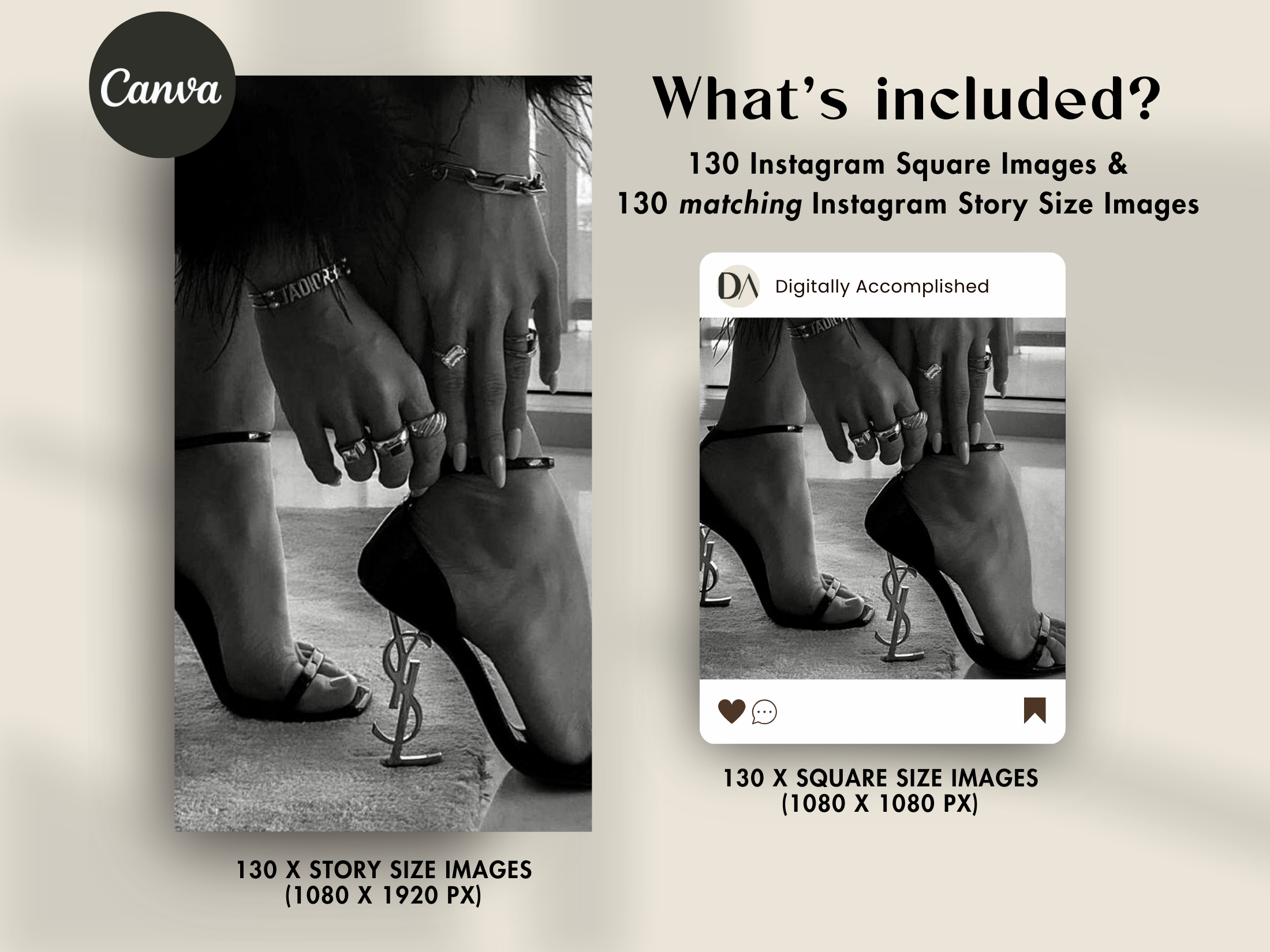 Preview image showing what's included in the 130 Stock Images Dark Aesthetic collection, highlighting both Instagram square and story-sized images.