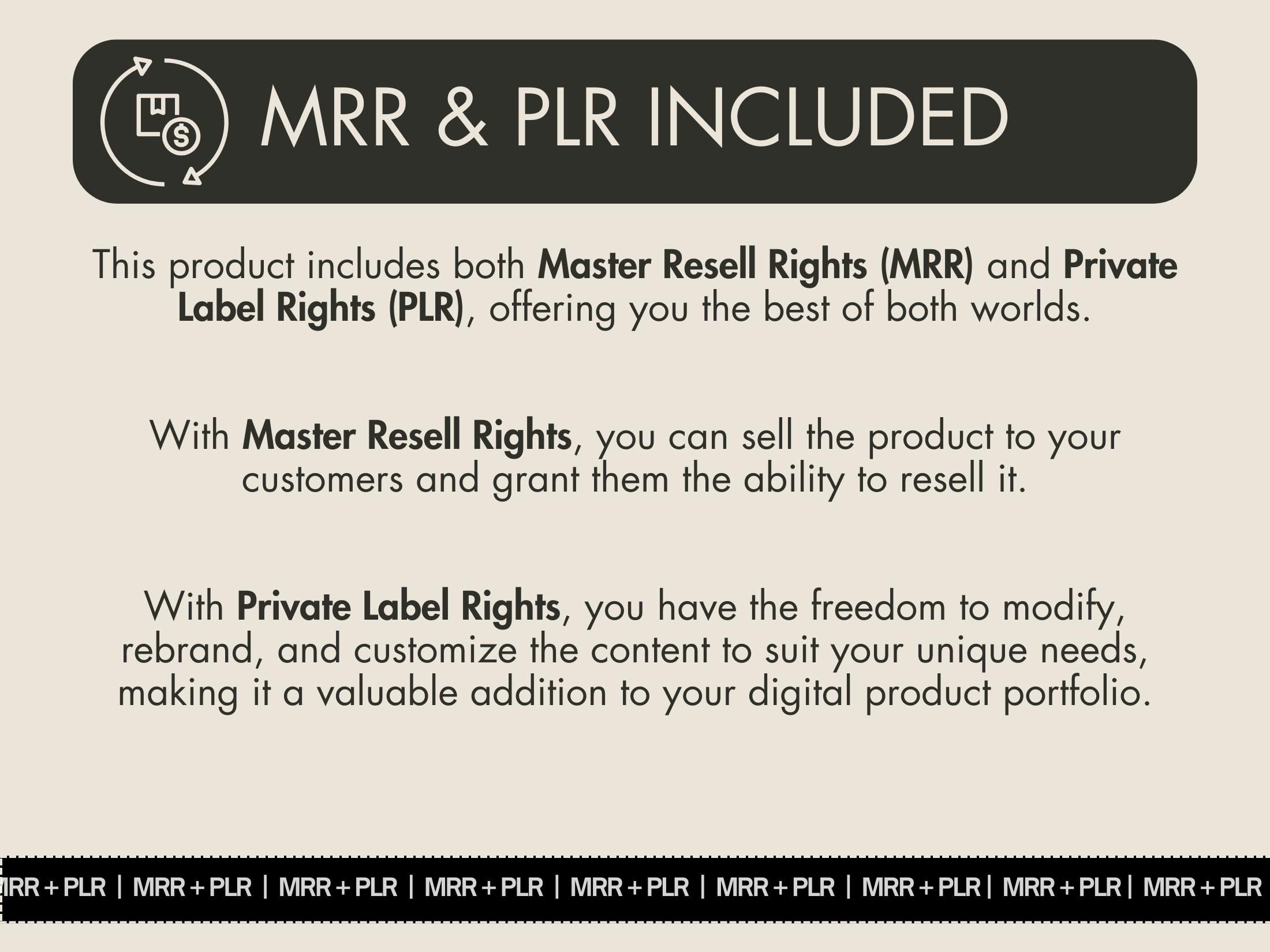 Details on the Master Resell Rights (MRR) and Private Label Rights (PLR) included with the 130 Stock Images Dark Aesthetic collection.