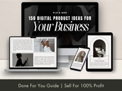 Mockup displaying the 150 Digital Product Ideas guide on various devices, emphasizing its versatility and suitability for digital entrepreneurs.