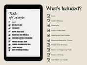 Image showing the table of contents for the 150 Digital Product Ideas guide, listing categories such as graphic design assets, wedding printables, and e-books.