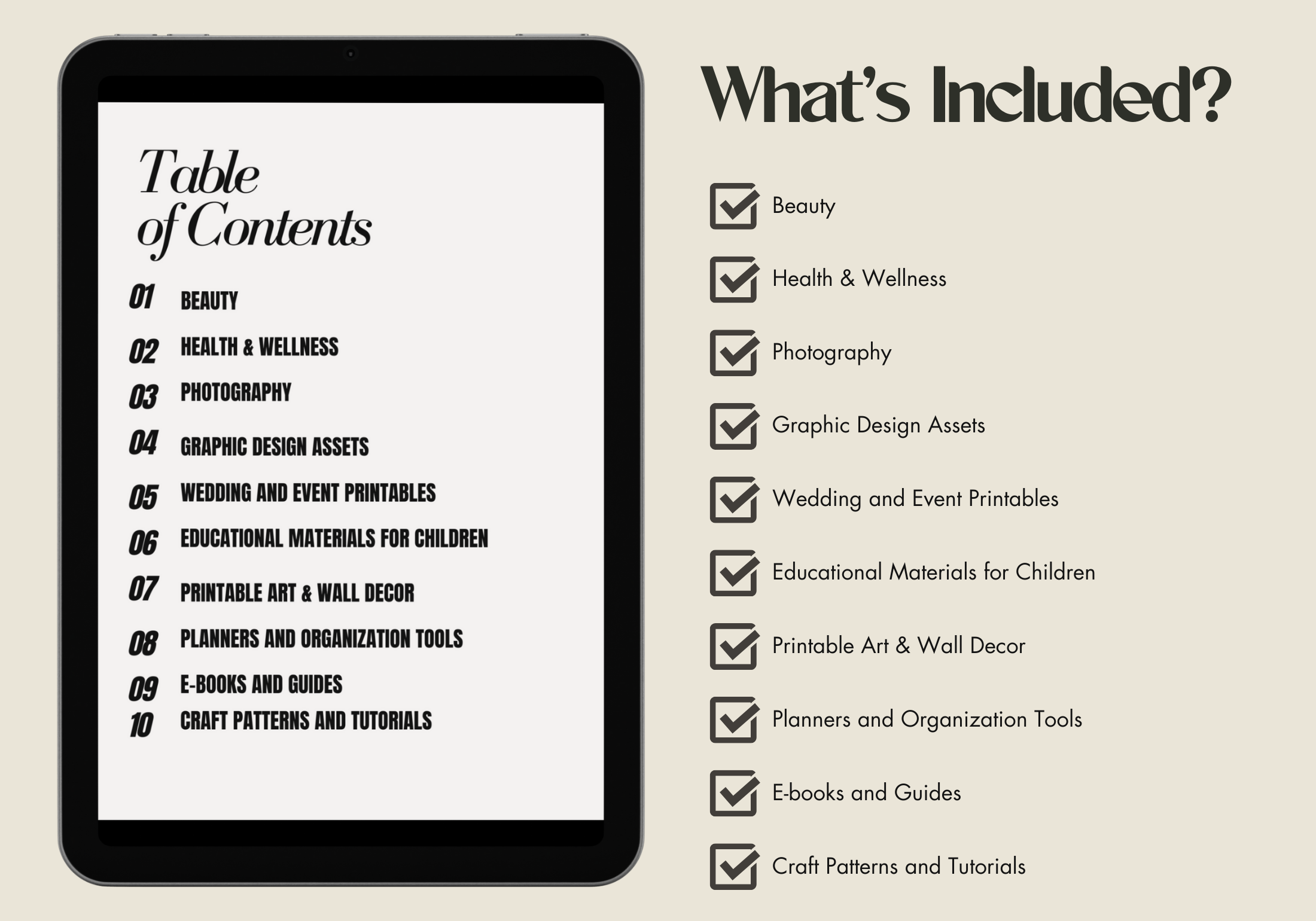 Image showing the table of contents for the 150 Digital Product Ideas guide, listing categories such as graphic design assets, wedding printables, and e-books.