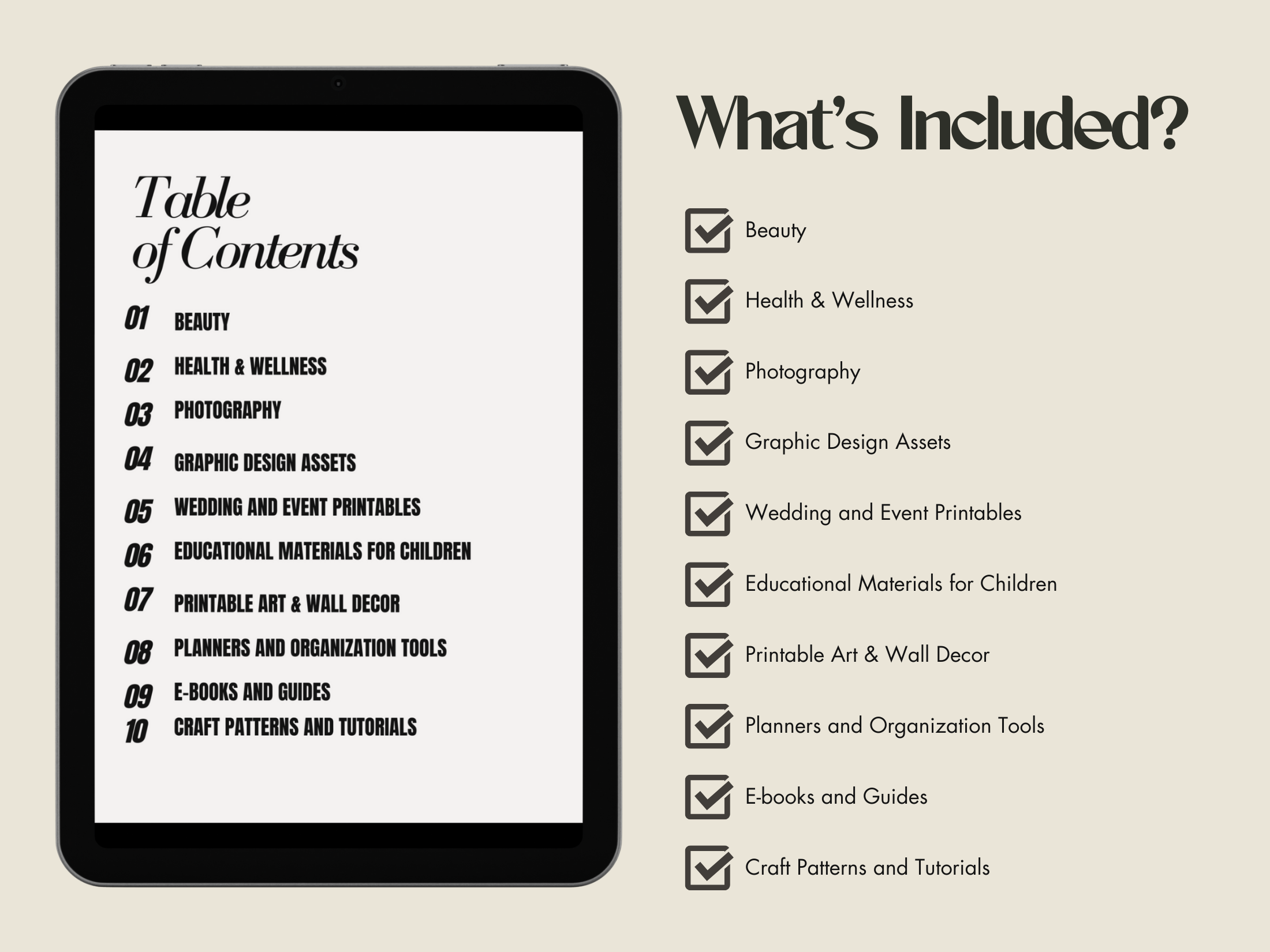 Image showing the table of contents for the 150 Digital Product Ideas guide, listing categories such as graphic design assets, wedding printables, and e-books.