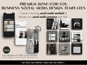 Image highlighting the key features and contents of the 200 Business Social Media Design Templates, emphasizing ease of use and customization.