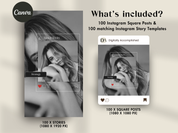 Preview image displaying a variety of Instagram post and story templates included in the 200 Business Social Media Design Templates package.