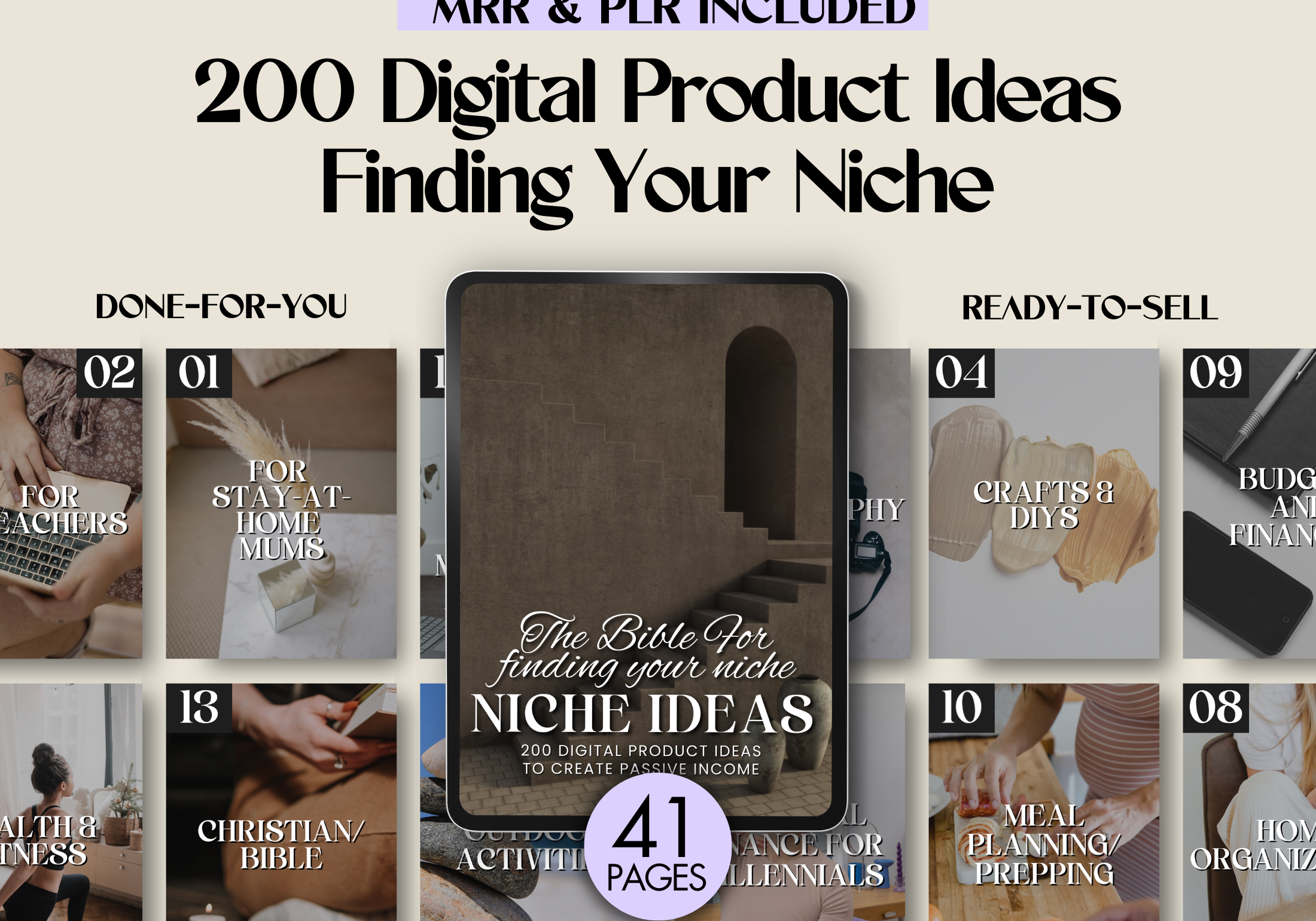 Cover image for the 200 Digital Product Ideas for Finding Your Niche, showcasing the various categories included in the guide.