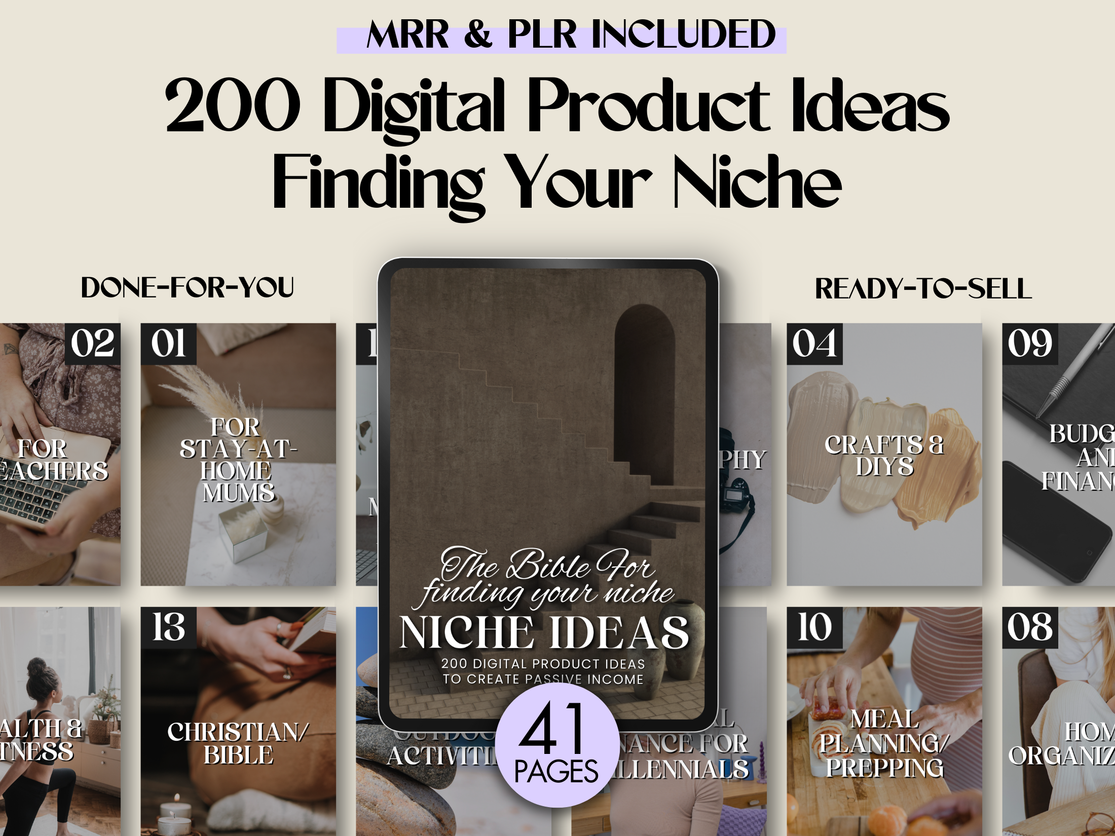 Cover image for the 200 Digital Product Ideas for Finding Your Niche, showcasing the various categories included in the guide.