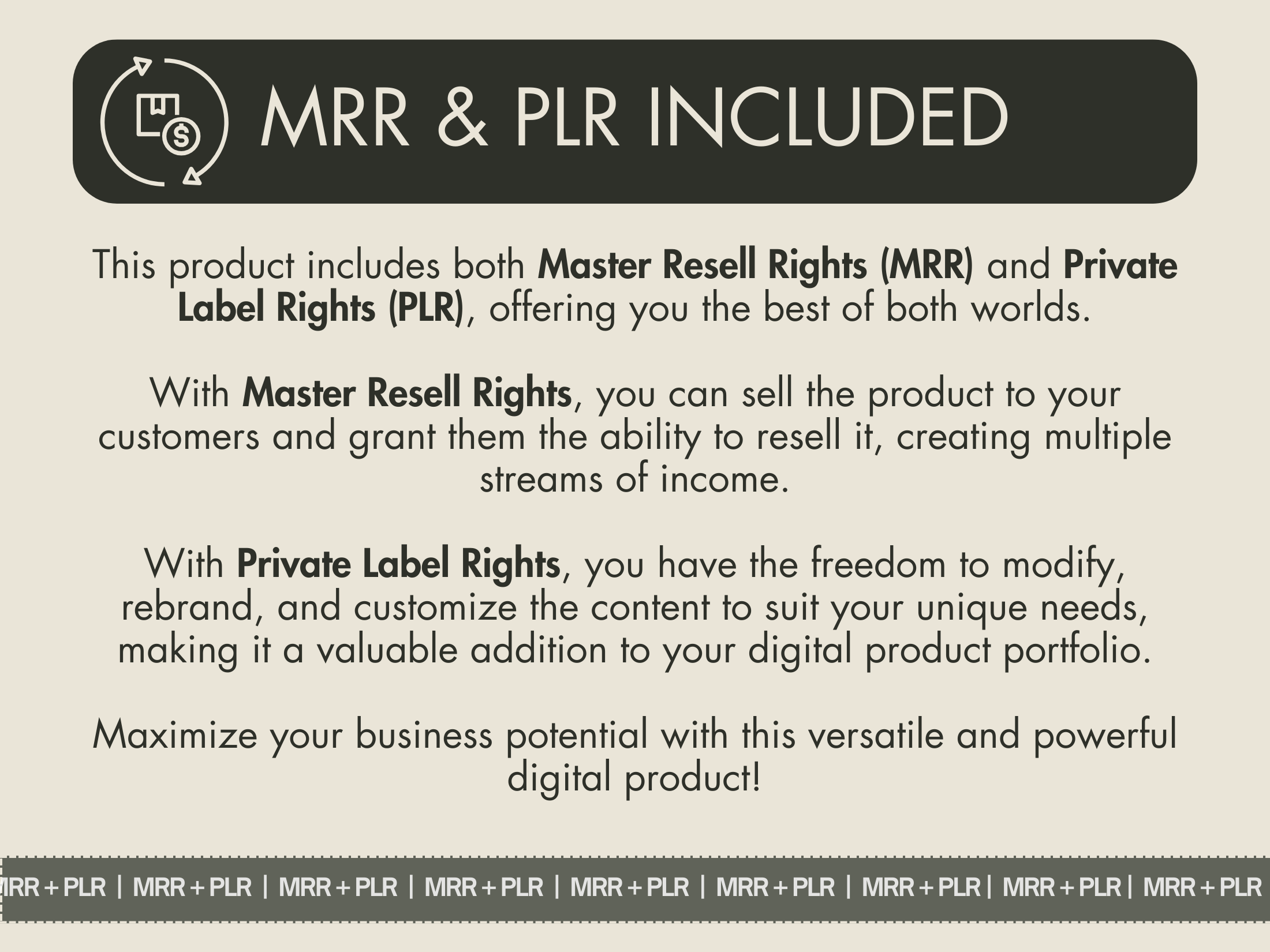 Explanation of the MRR & PLR included with the 200 Digital Product Ideas for Finding Your Niche, emphasizing the benefits of reselling and customization.