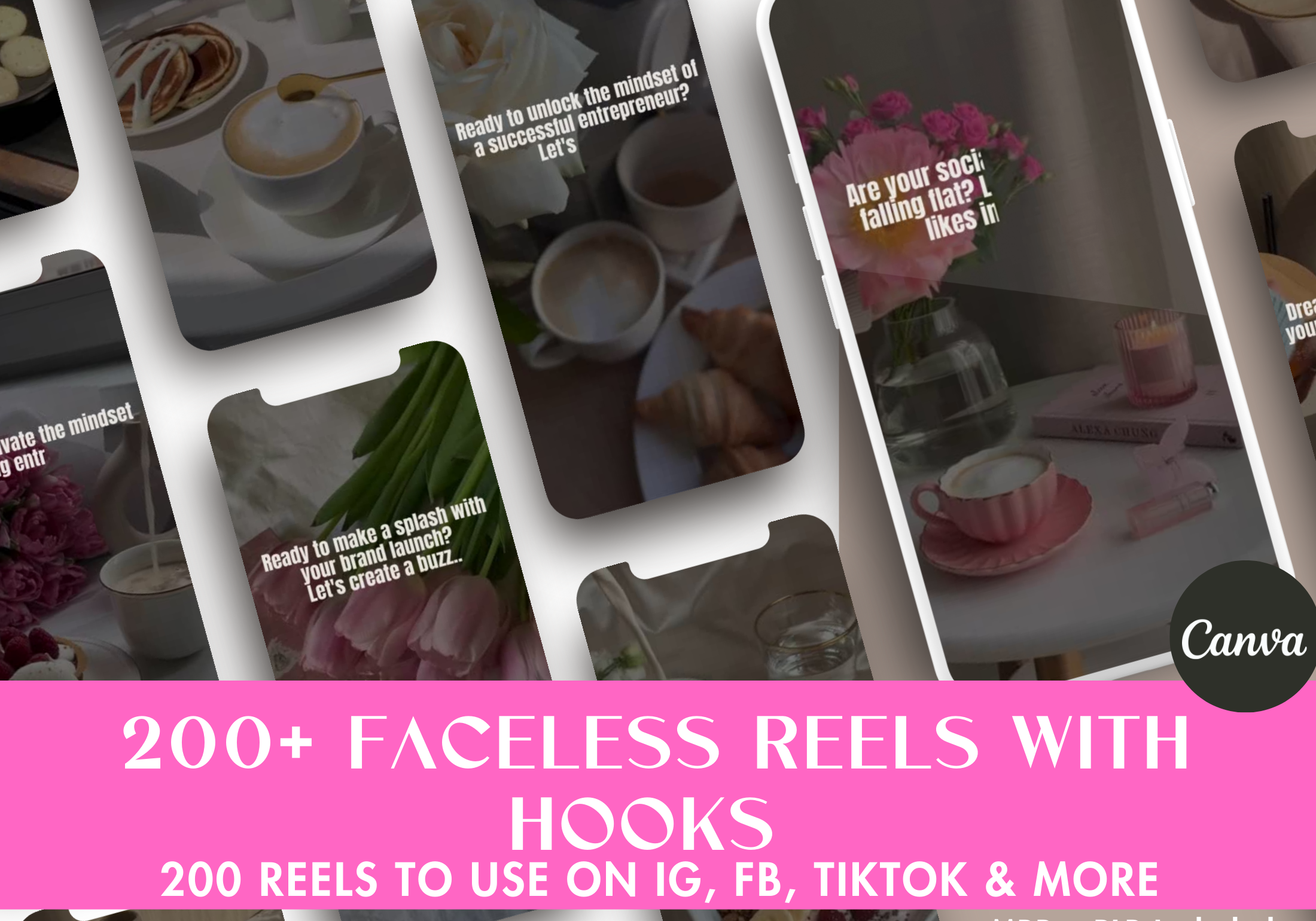 Cover image for the 200+ Faceless Reels With Hooks, showcasing the various designs included in the collection.